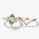 Leaf-Inspired Two-Tone  Marquise Cur Moss Agate Engagement Ring Set 2pcs