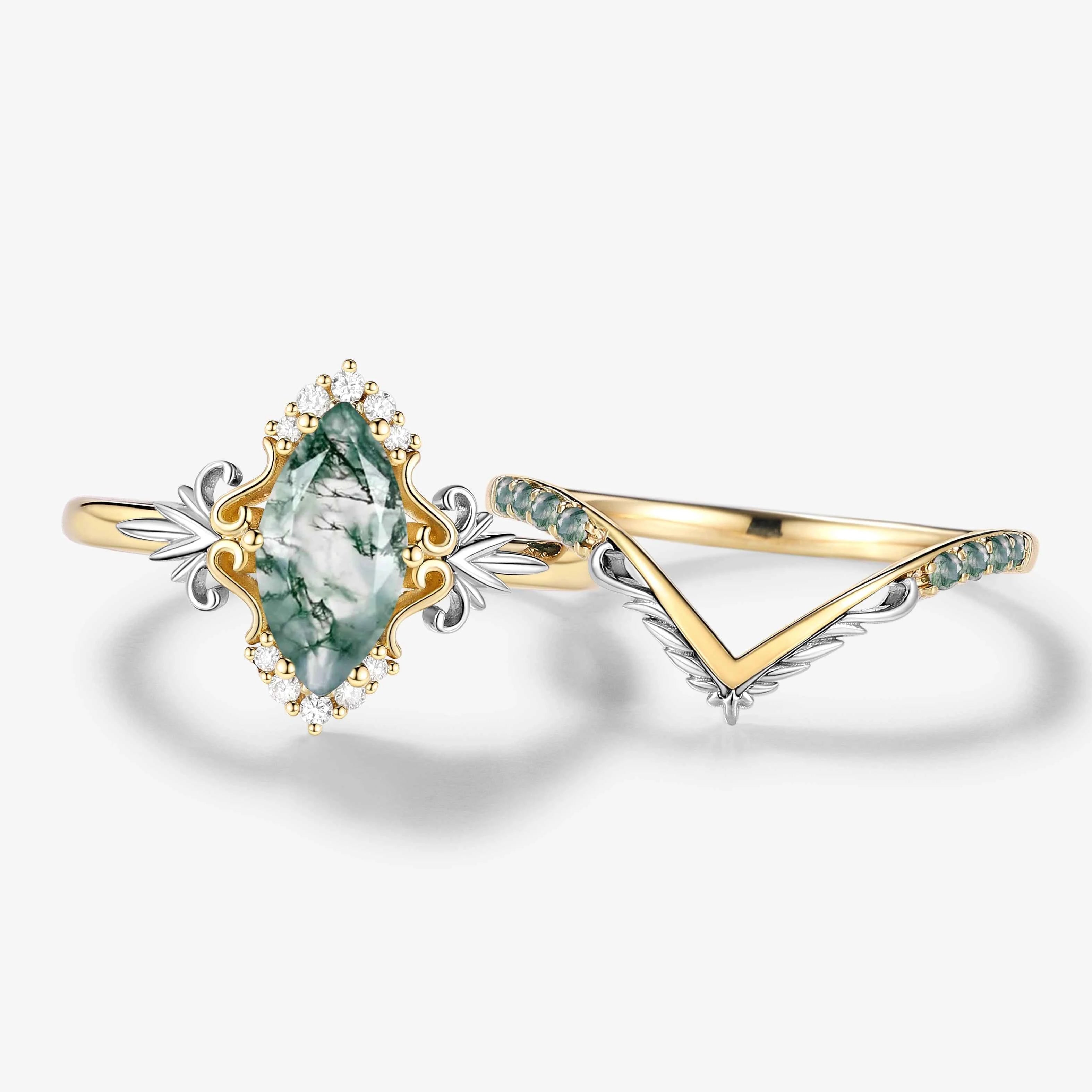 Leaf-Inspired Two-Tone  Marquise Cur Moss Agate Engagement Ring Set 2pcs