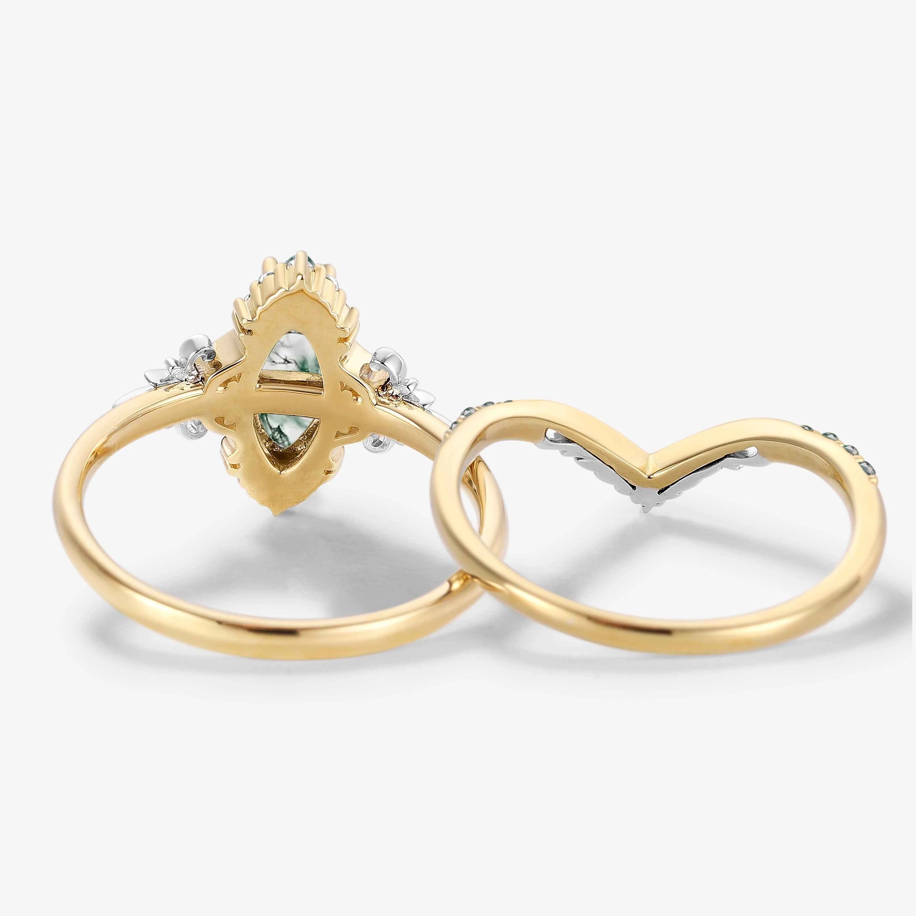 Leaf-Inspired Two-Tone  Marquise Cur Moss Agate Engagement Ring Set 2pcs
