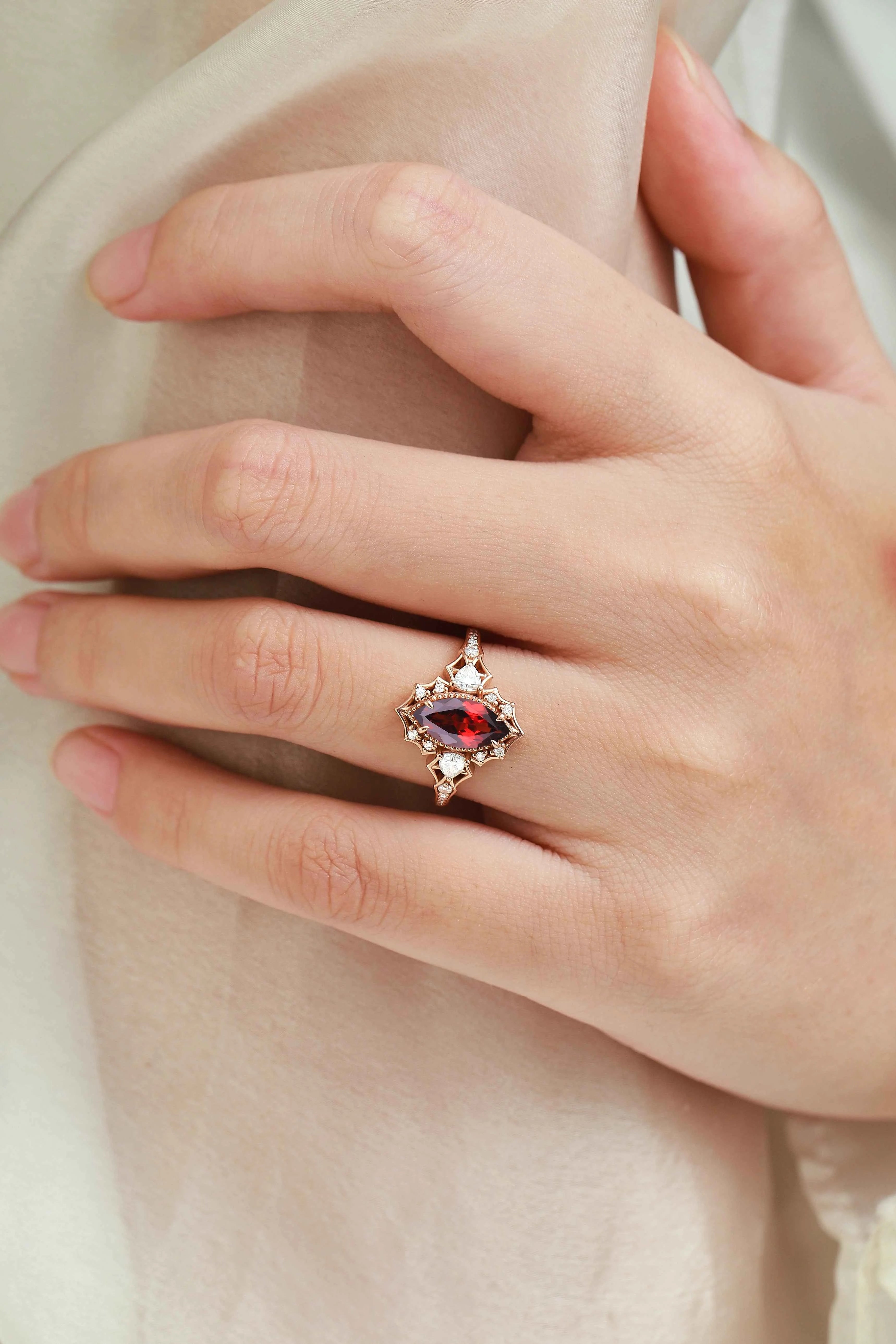 Vintage Halo Bat & Animal Inspired Marquise Cut Ruby Engagement Ring