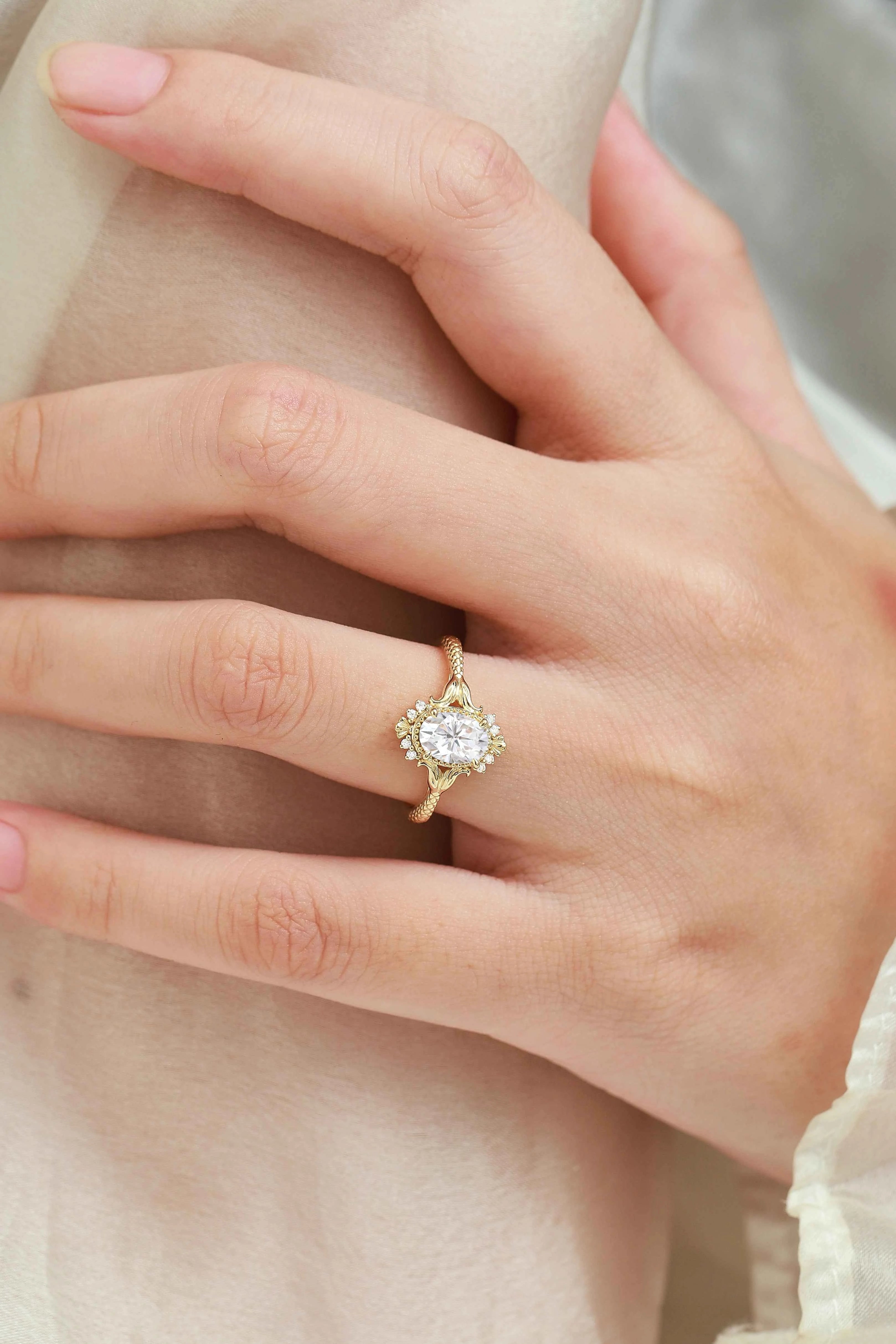 Vintage Ocean-Inspired Oval Cut Moissanite Mermaid Tail & Shell Engagement Ring