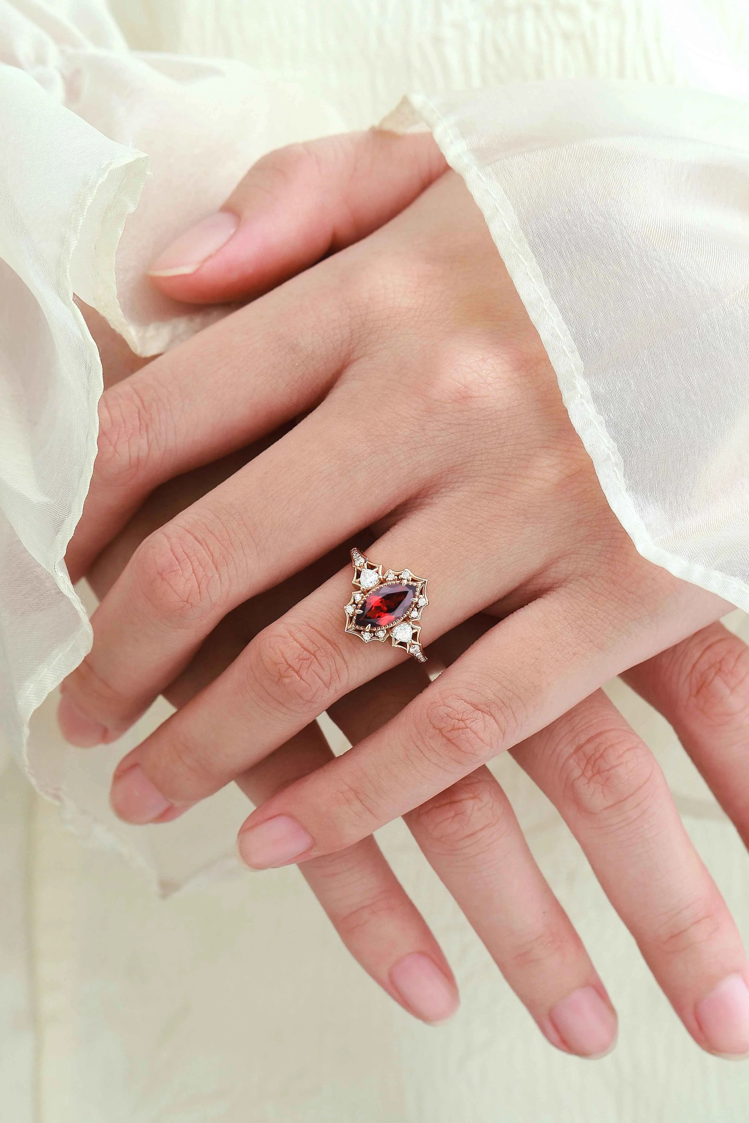 Vintage Halo Bat & Animal Inspired Marquise Cut Ruby Engagement Ring