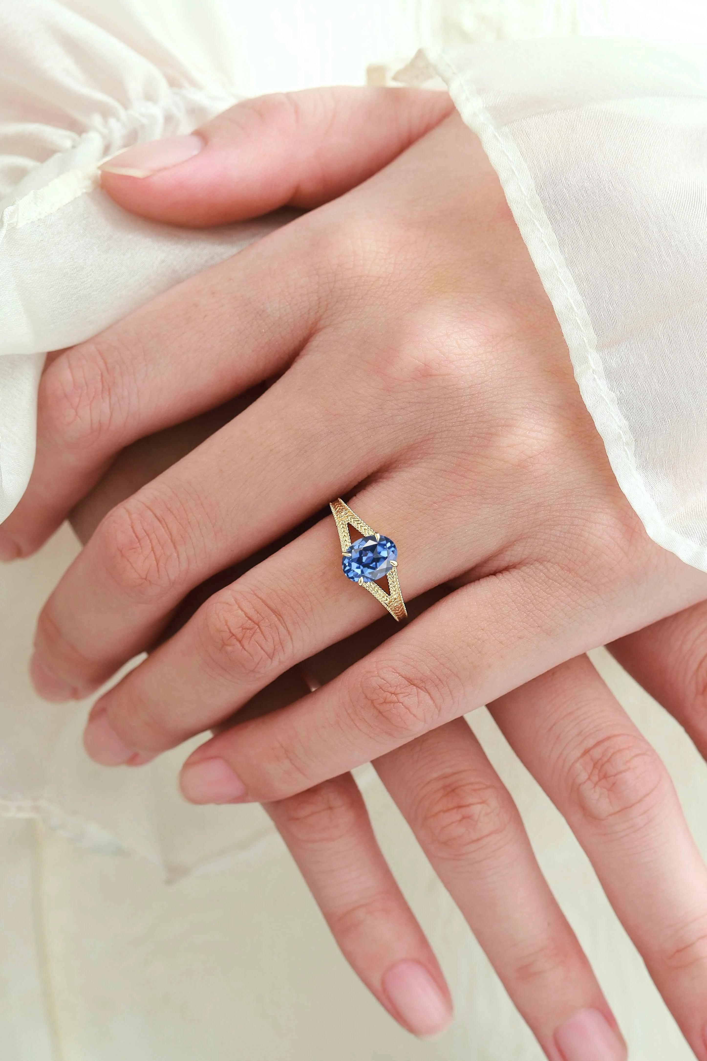 Nature-Inspired Leaf & Flower Oval Sapphire Engagement Ring