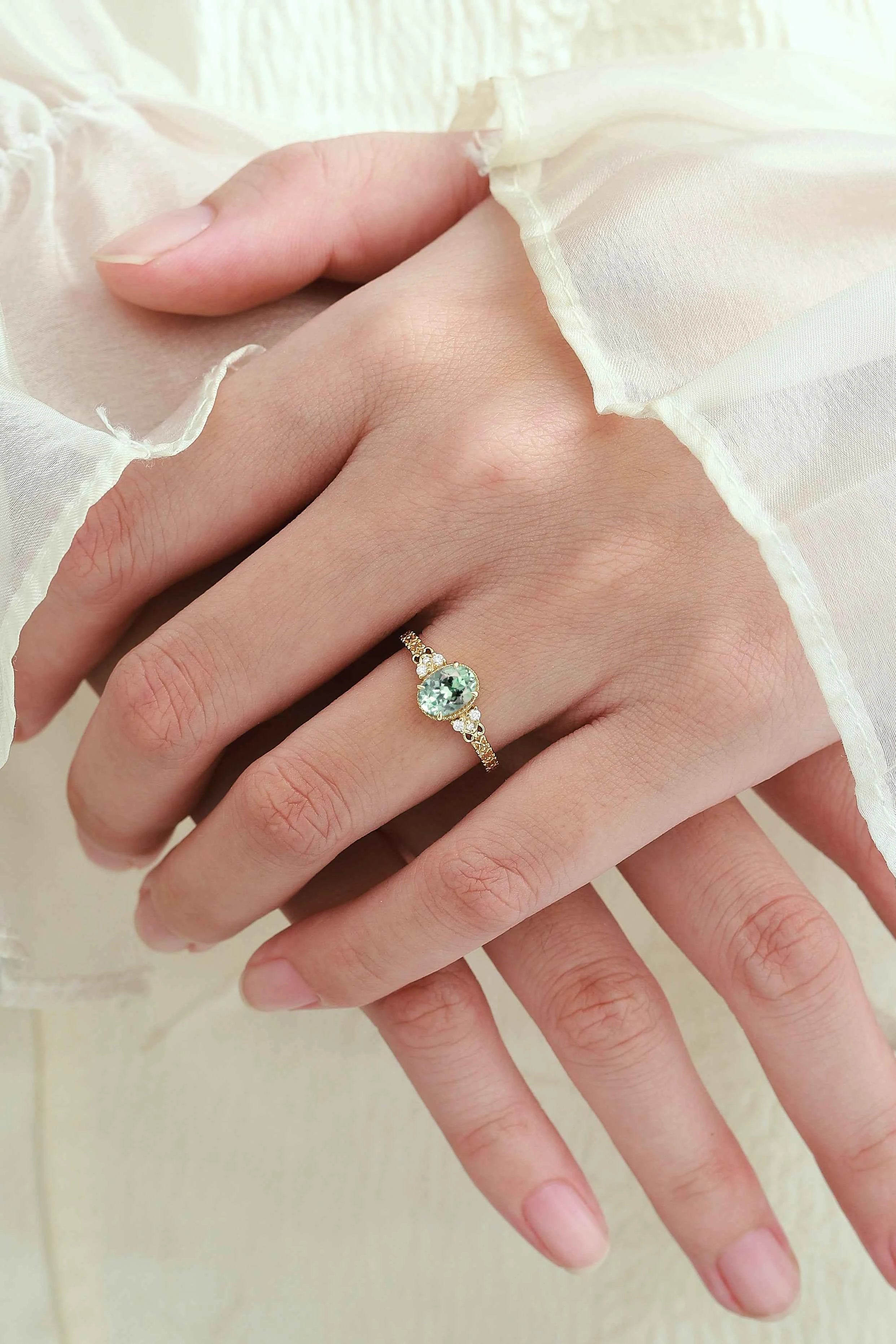 Vintage Engraved Green Sapphire Bezel Engagement Ring