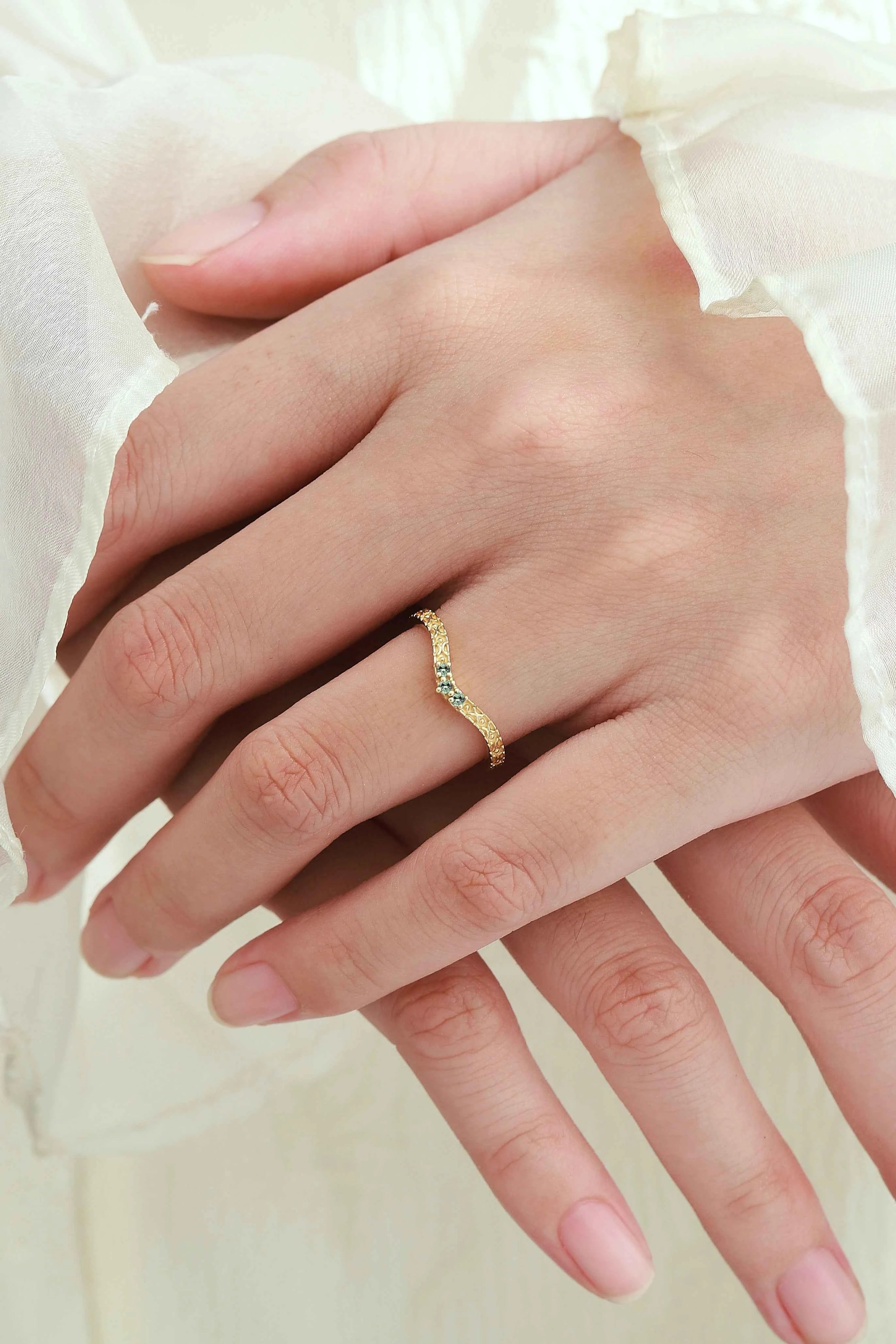 Vintage Engraved Green Sapphire Curved Wedding Band