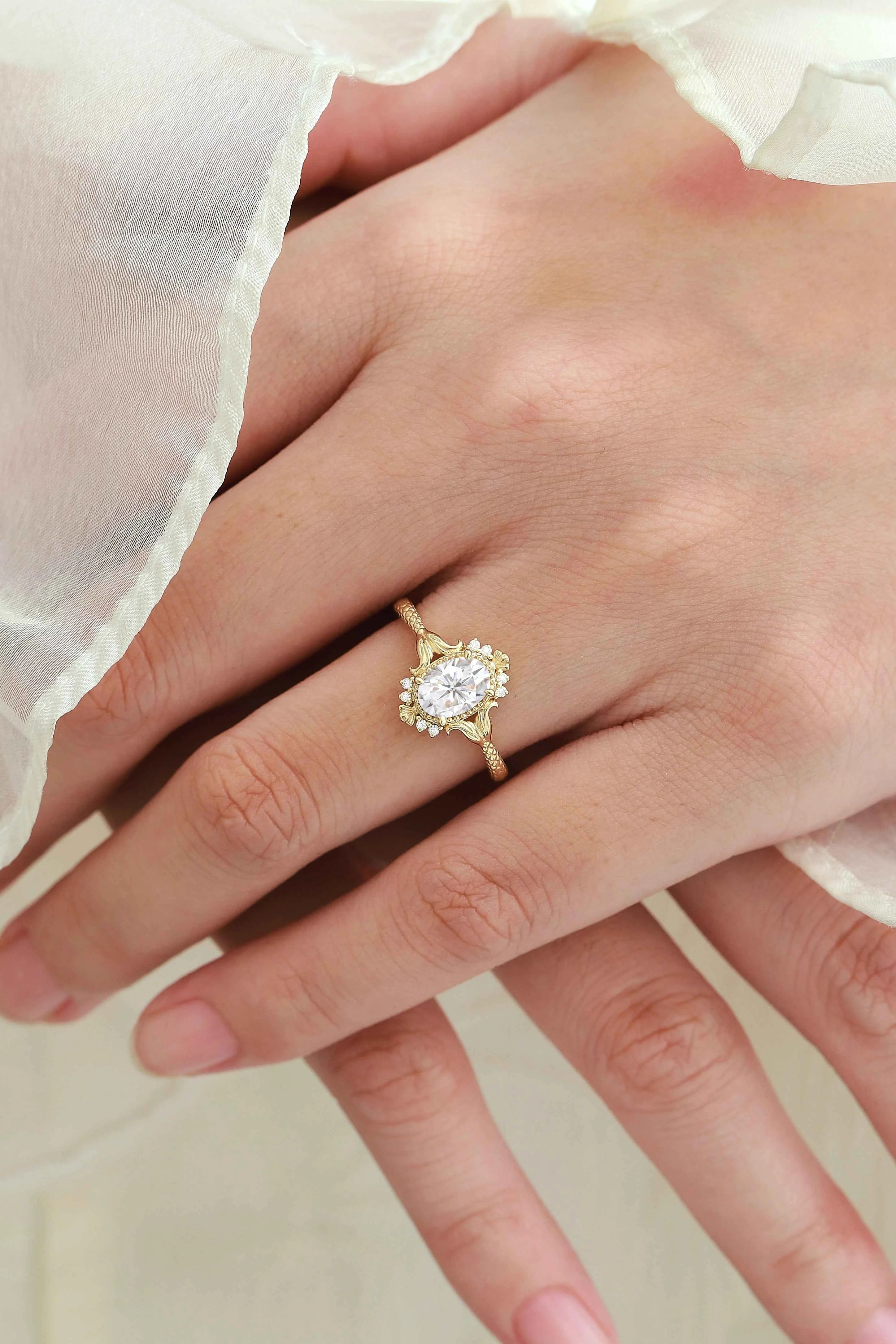 Vintage Ocean-Inspired Oval Cut Moissanite Mermaid Tail & Shell Engagement Ring