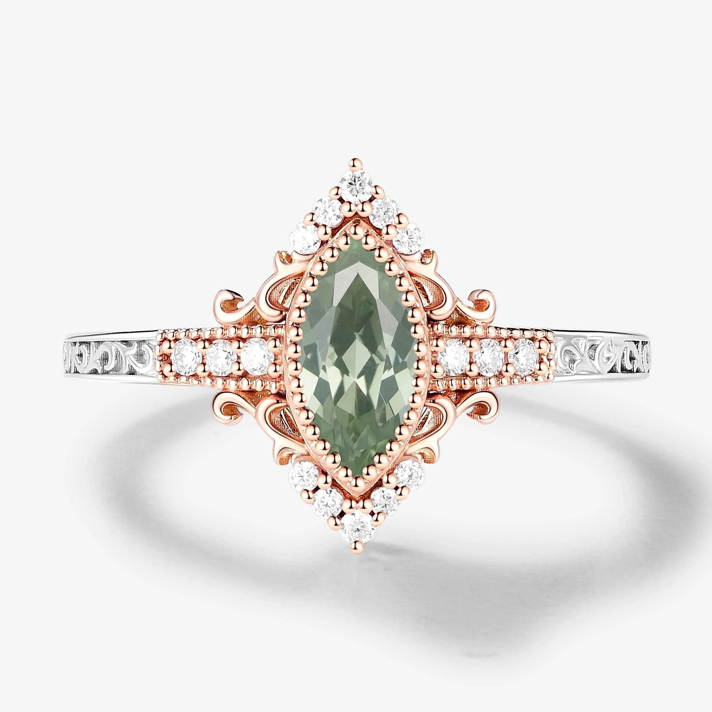 Bezel Setting & Milgrain Detailing Marquise-Cut Green Tsavorite  Engagement Ring