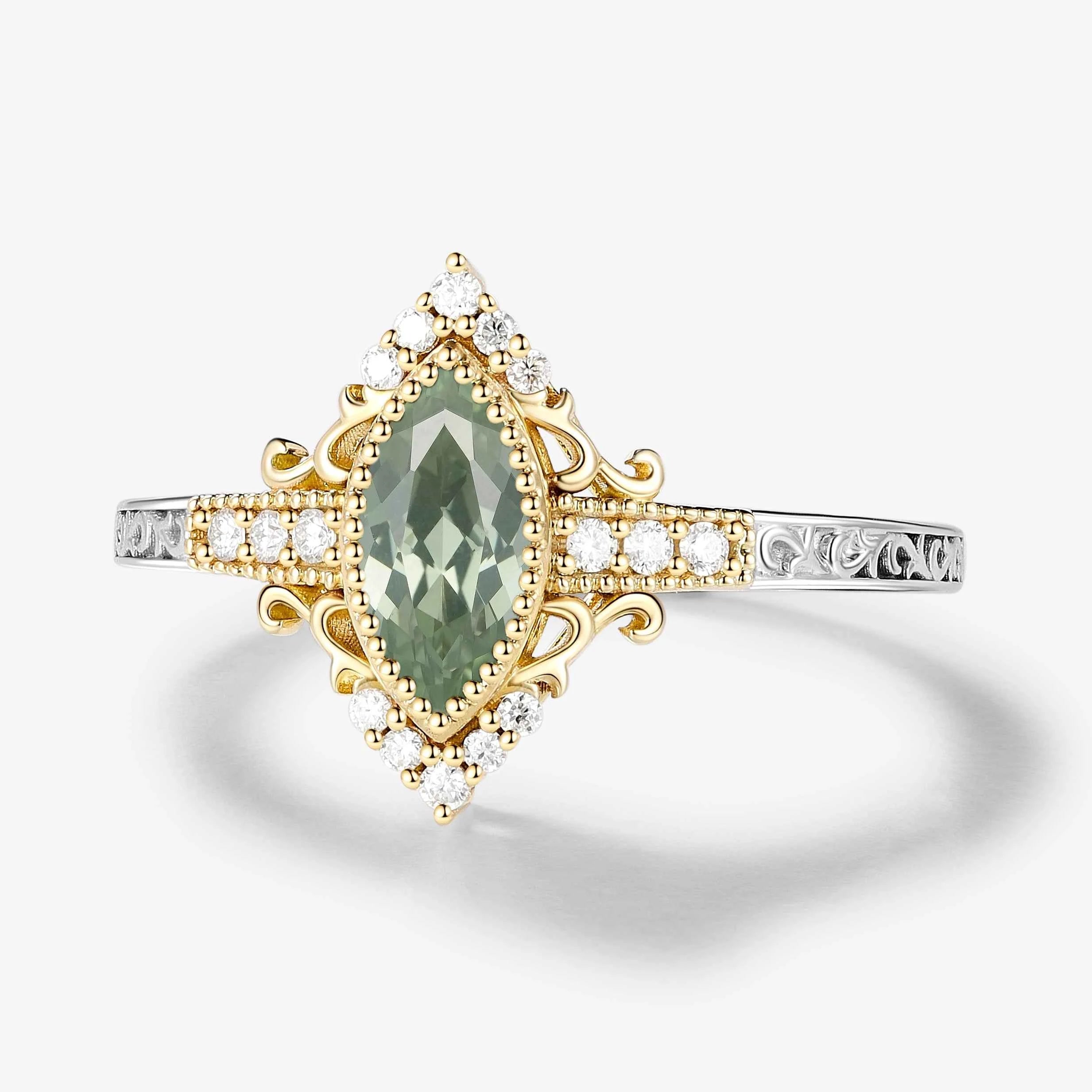 Bezel Setting & Milgrain Detailing Marquise-Cut Green Tsavorite  Engagement Ring