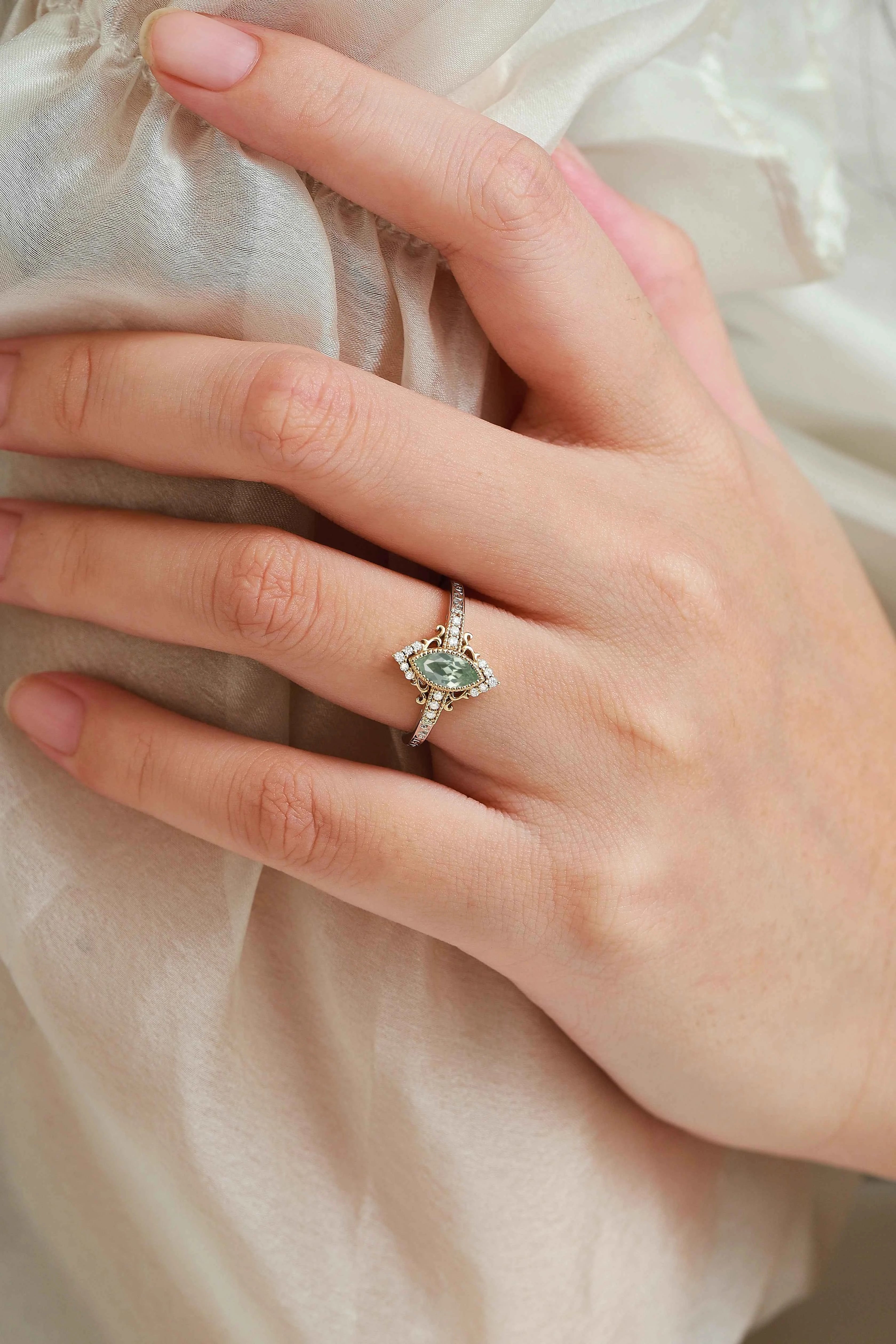 Bezel Setting & Milgrain Detailing Marquise-Cut Green Tsavorite  Engagement Ring