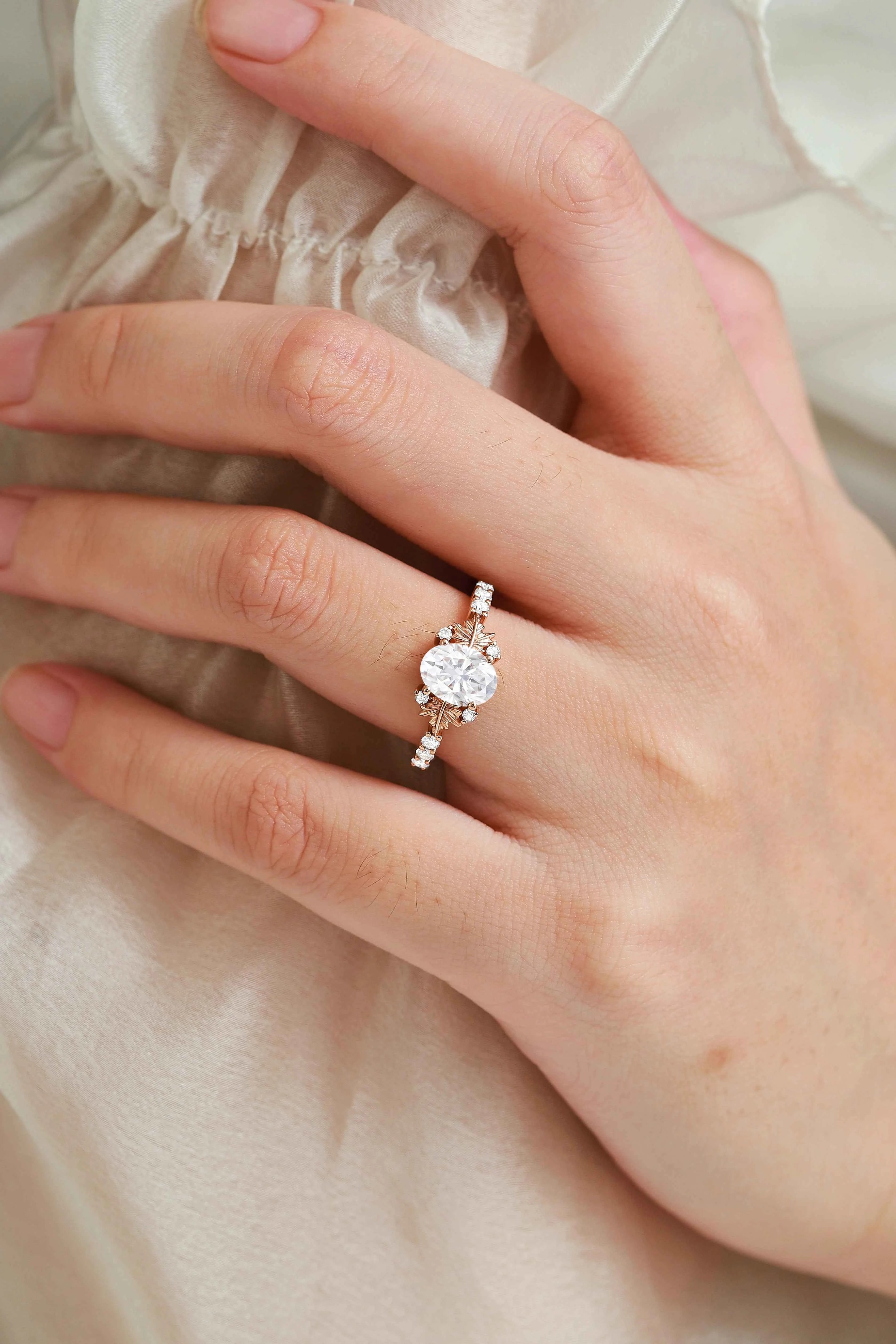 Maple Leaf Design Oval-Cut Moissanite Pavé Engagement Ring