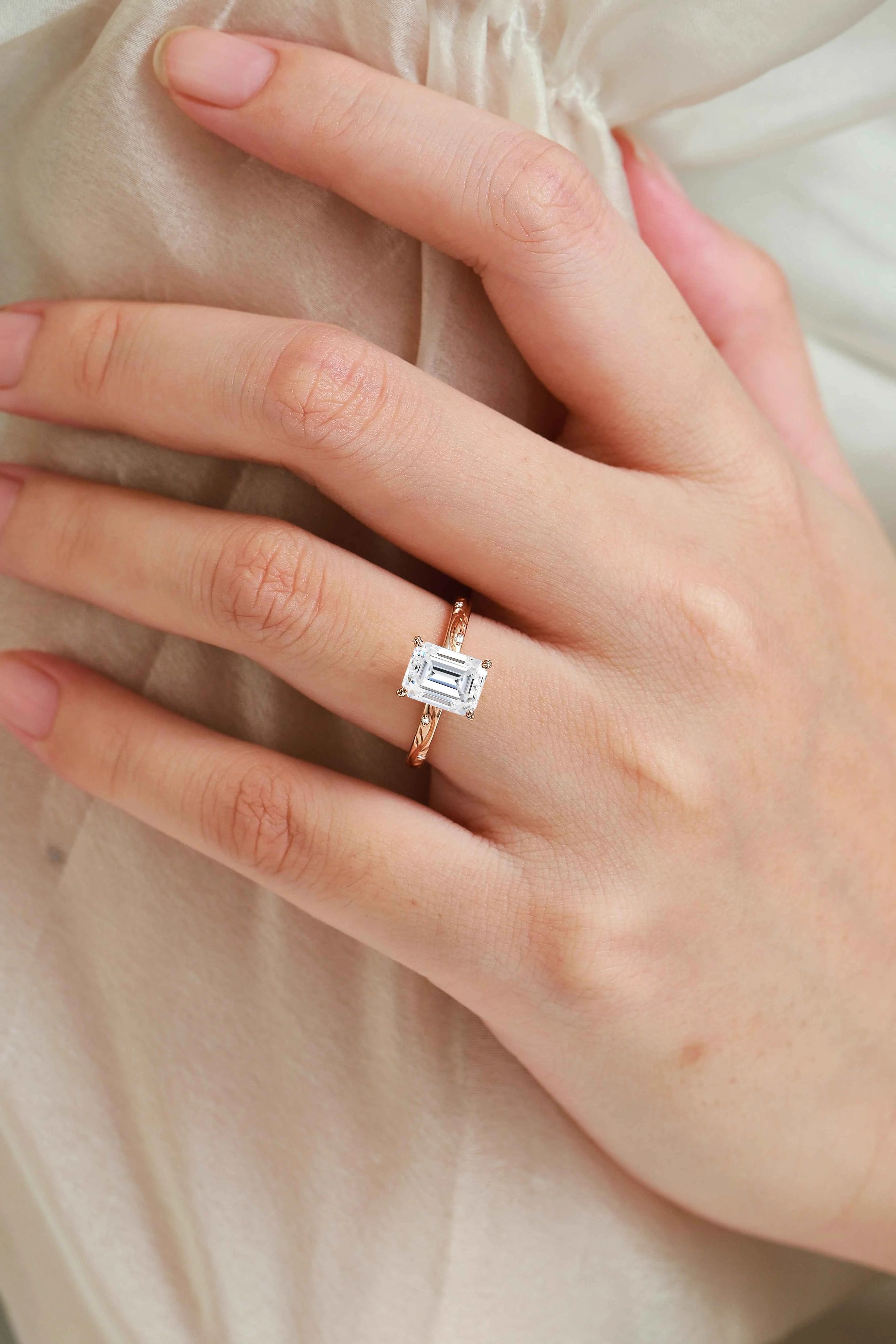 Minimalist Elegance Leaf Prong Emerald Cut Moissanite Engagement Ring