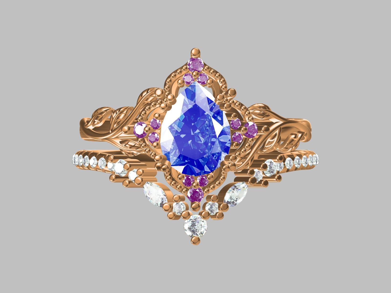 Pear-Cut Alexandrite Engagement Ring Set with Moissanite Wedding Band