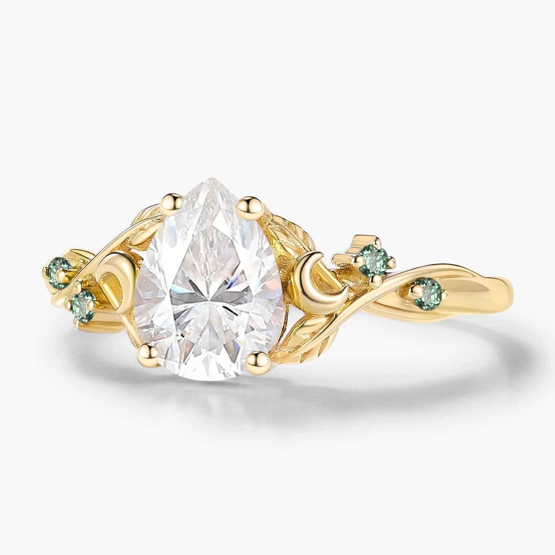 Nature Inspired Leaf and Moon Pear Cut Moonstone Engagement Ring - Eira