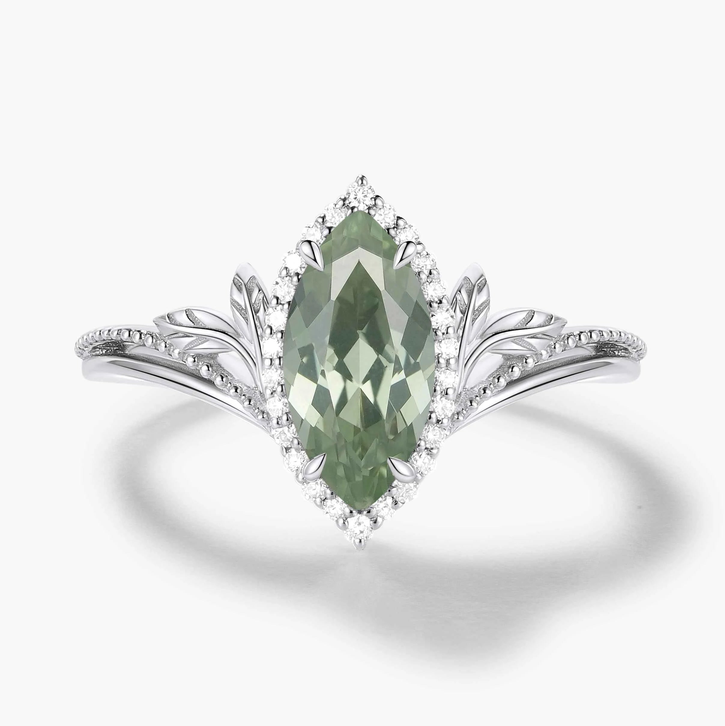 Nature-Inspired Marquise Green Sapphire Engagement Ring with Milgrain Halo