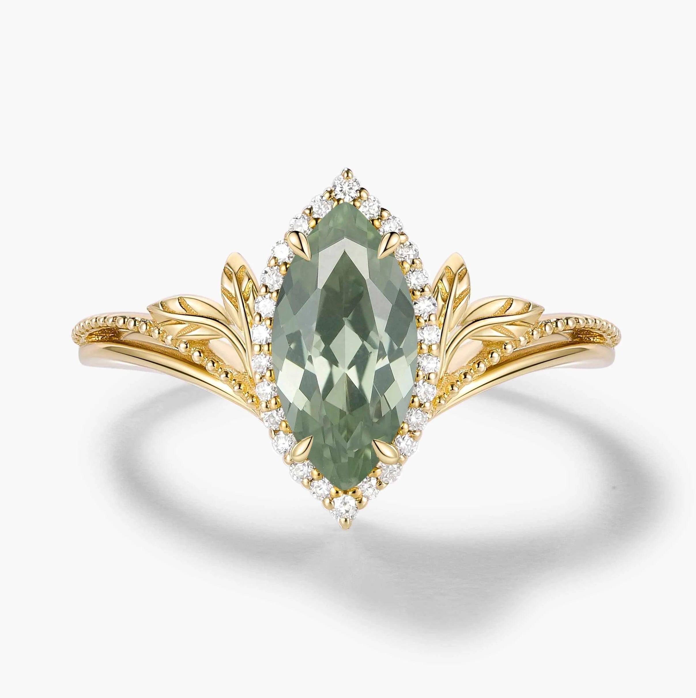 Nature-Inspired Marquise Green Sapphire Engagement Ring with Milgrain Halo