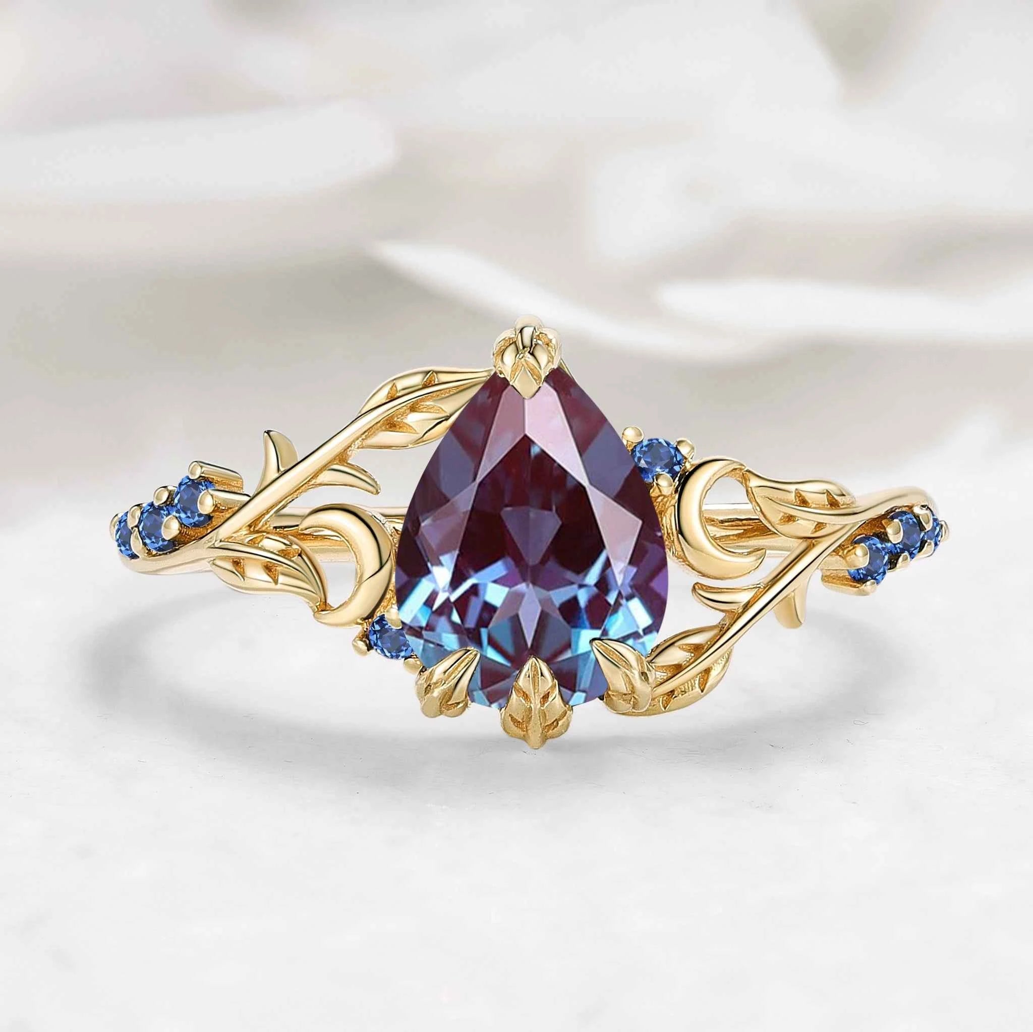Nature Inspired Moon and Leaf Pear Cut Alexandrite Engagement Ring - Selene Leaf