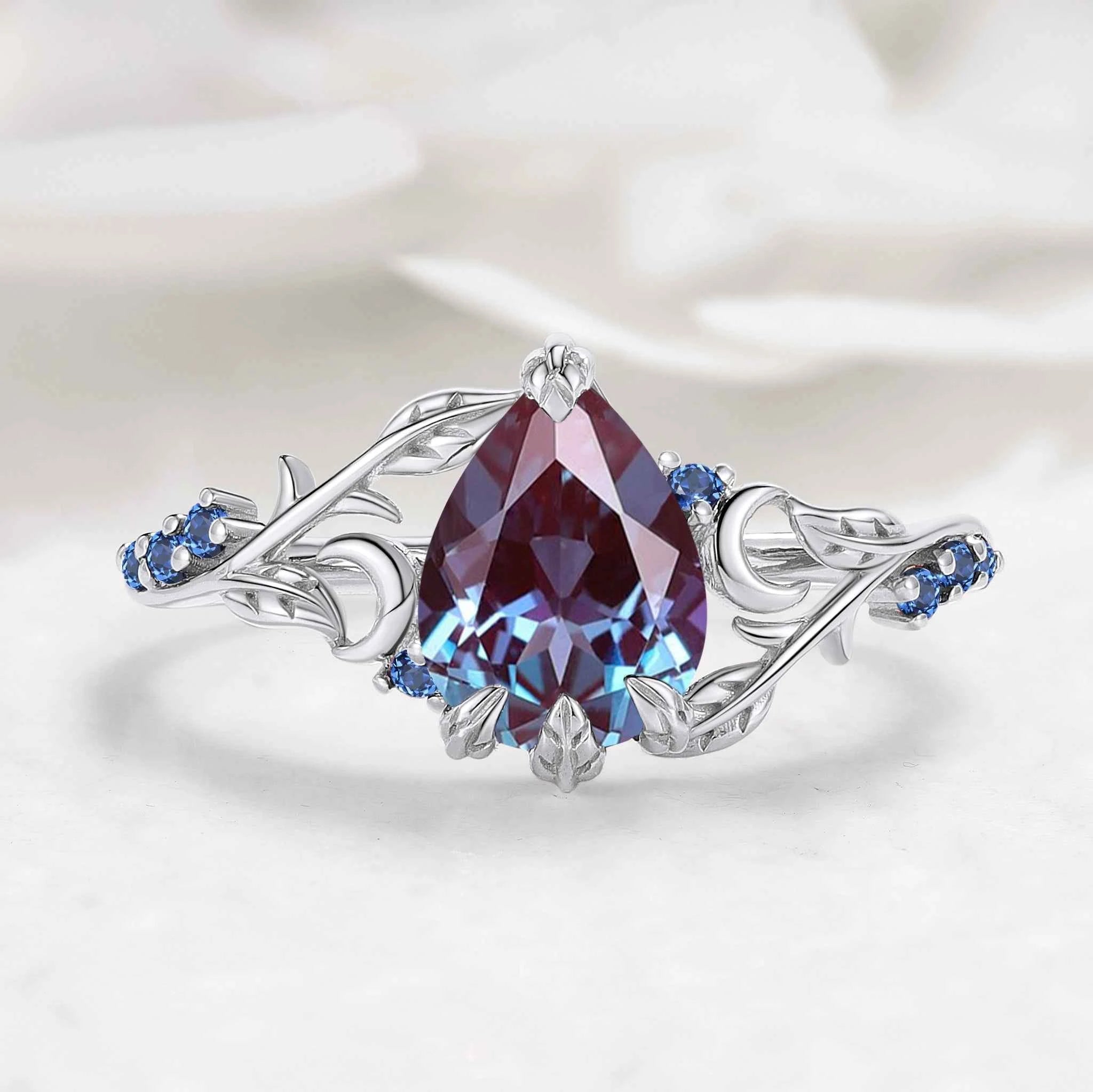 Nature Inspired Moon and Leaf Pear Cut Alexandrite Engagement Ring - Selene Leaf