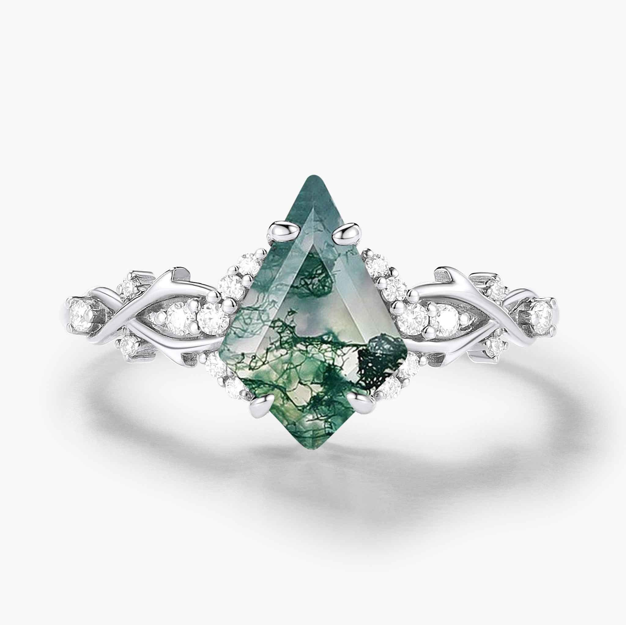 Nature Inspired Thorn Design Kite Cut Moss Agate Engagement Ring - Briar