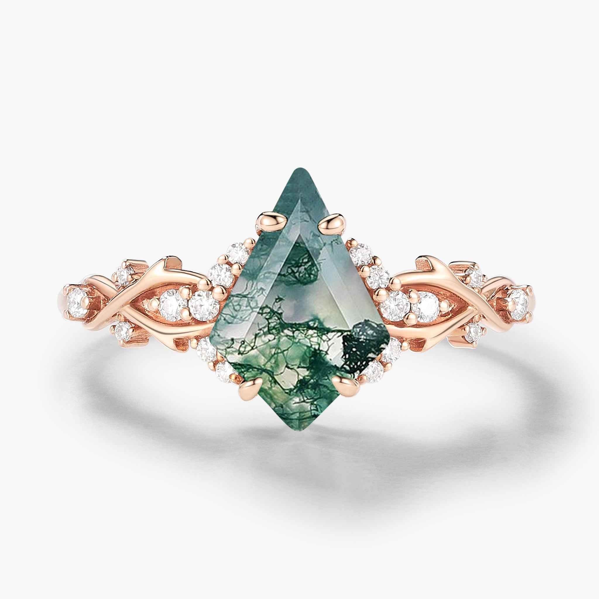 Nature Inspired Thorn Design Kite Cut Moss Agate Engagement Ring - Briar