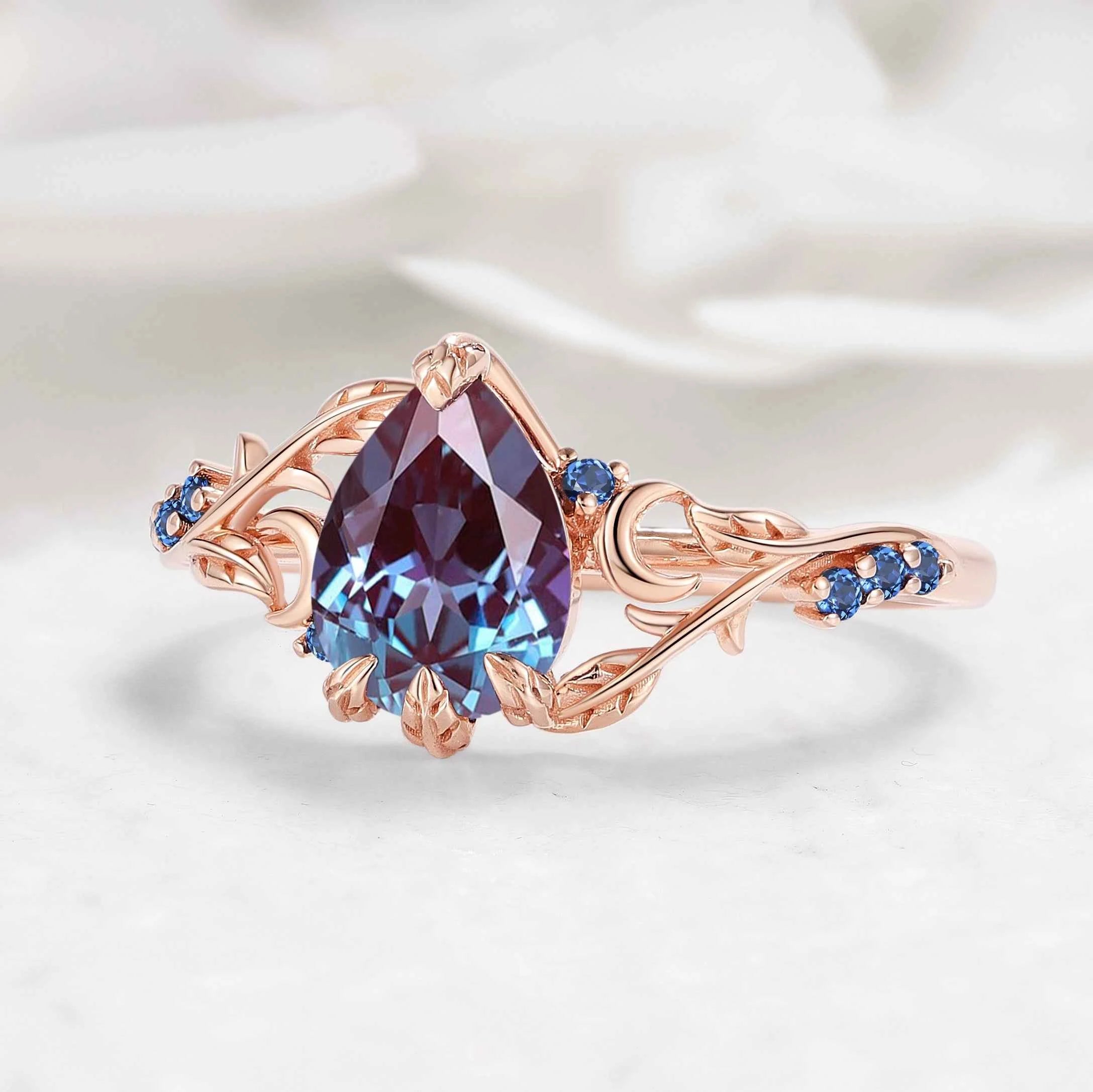 Nature Inspired Moon and Leaf Pear Cut Alexandrite Engagement Ring - Selene Leaf