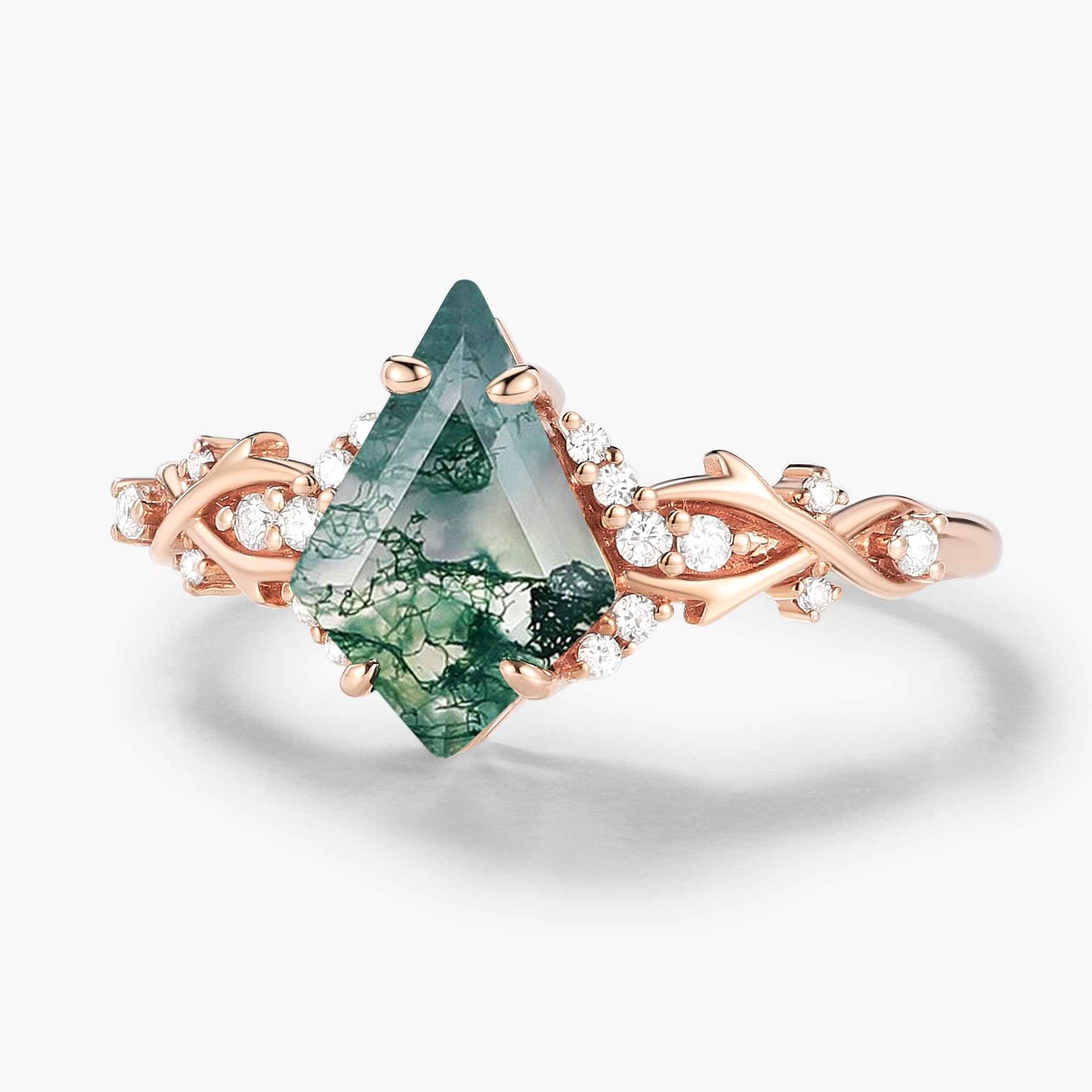 Nature Inspired Thorn Design Kite Cut Moss Agate Engagement Ring - Briar