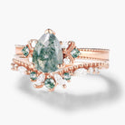 Vintage Beaded Pear Cut Moss Agate Engagement Ring Bridal Set