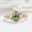 Nature-Inspired Leaf Vintage Bezel Pear Cut Green Sapphire Engagement Ring - Elowen