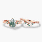 Vintage Beaded Pear Cut Moss Agate Engagement Ring Bridal Set