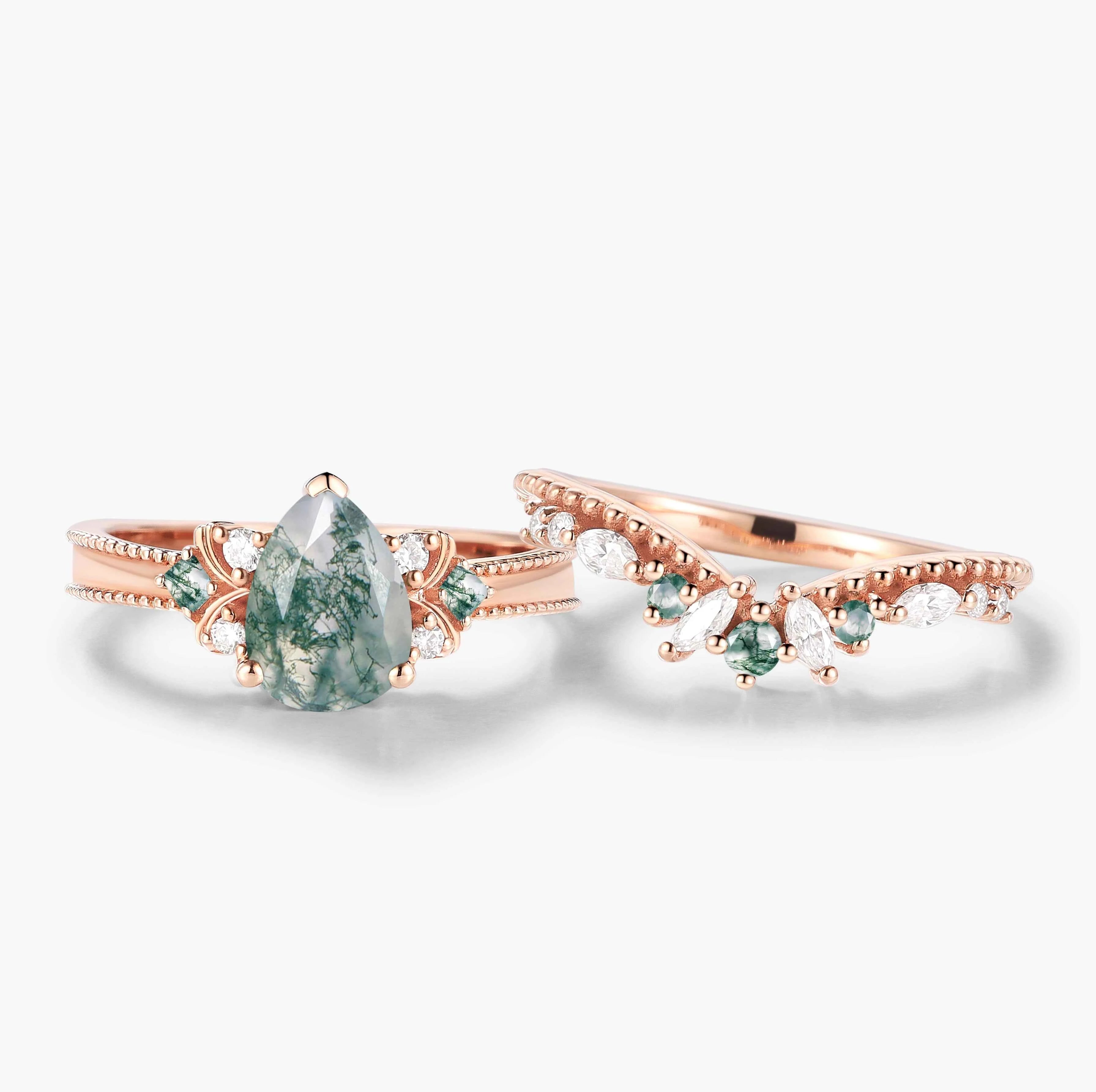 Vintage Beaded Pear Cut Moss Agate Engagement Ring Bridal Set