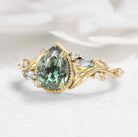 Nature-Inspired Leaf Vintage Bezel Pear Cut Green Sapphire Engagement Ring - Elowen