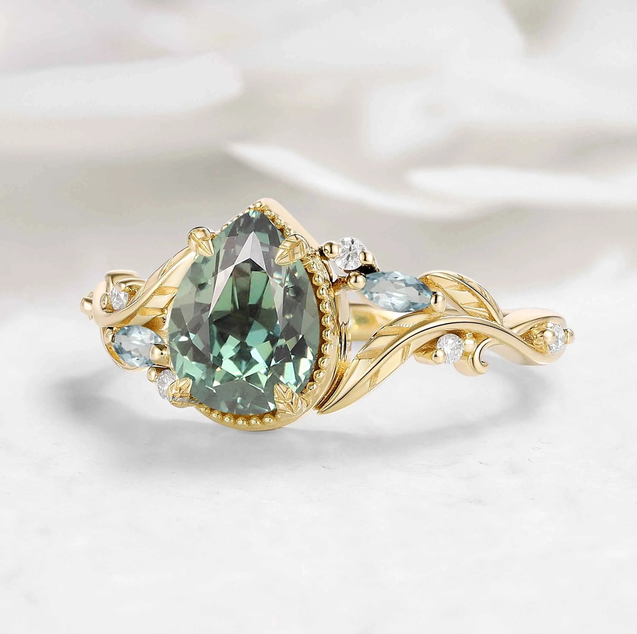Nature-Inspired Leaf Vintage Bezel Pear Cut Green Sapphire Engagement Ring - Elowen