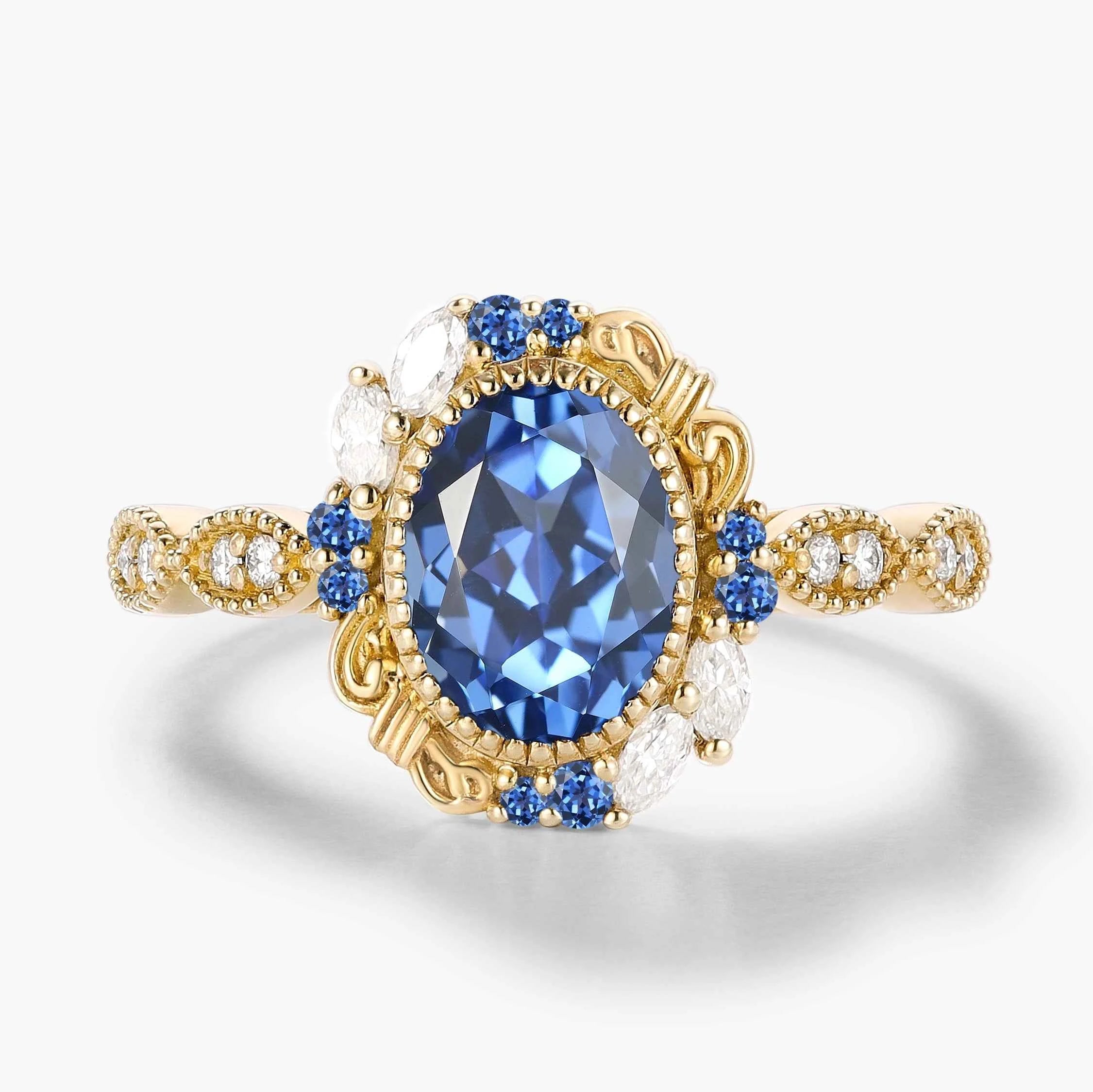 Vintage Bezel Oval Cut Royal Blue Sapphire Engagement Ring