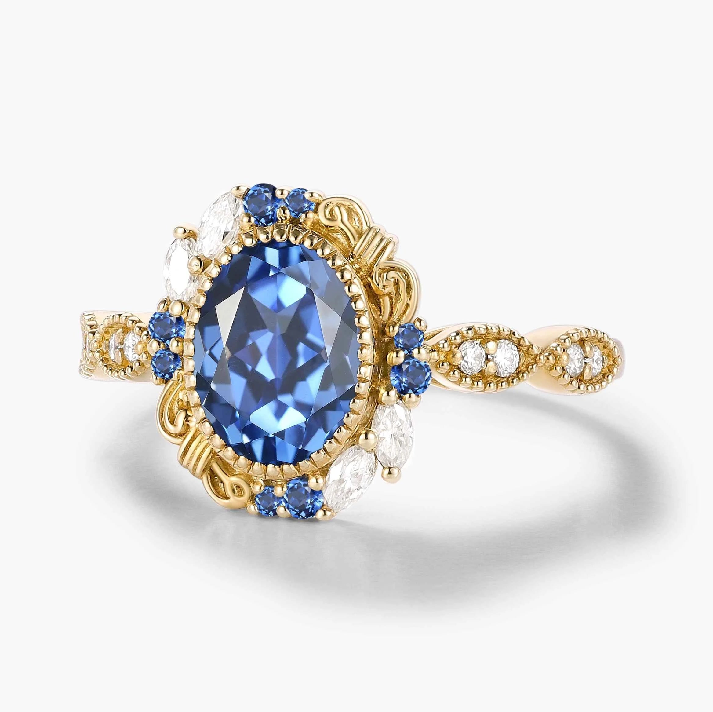 Vintage Bezel Oval Cut Royal Blue Sapphire Engagement Ring