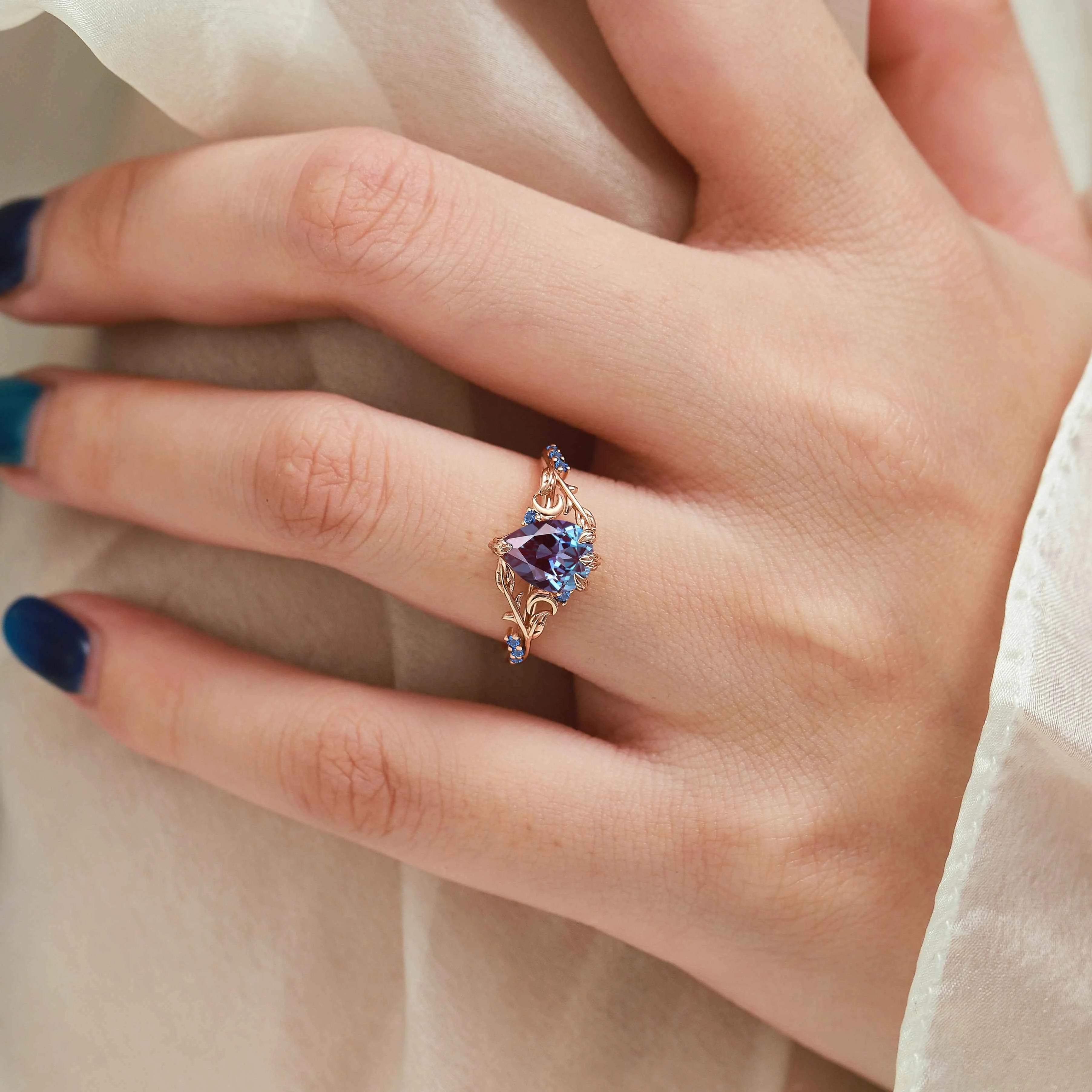 Nature Inspired Moon and Leaf Pear Cut Alexandrite Engagement Ring - Selene Leaf