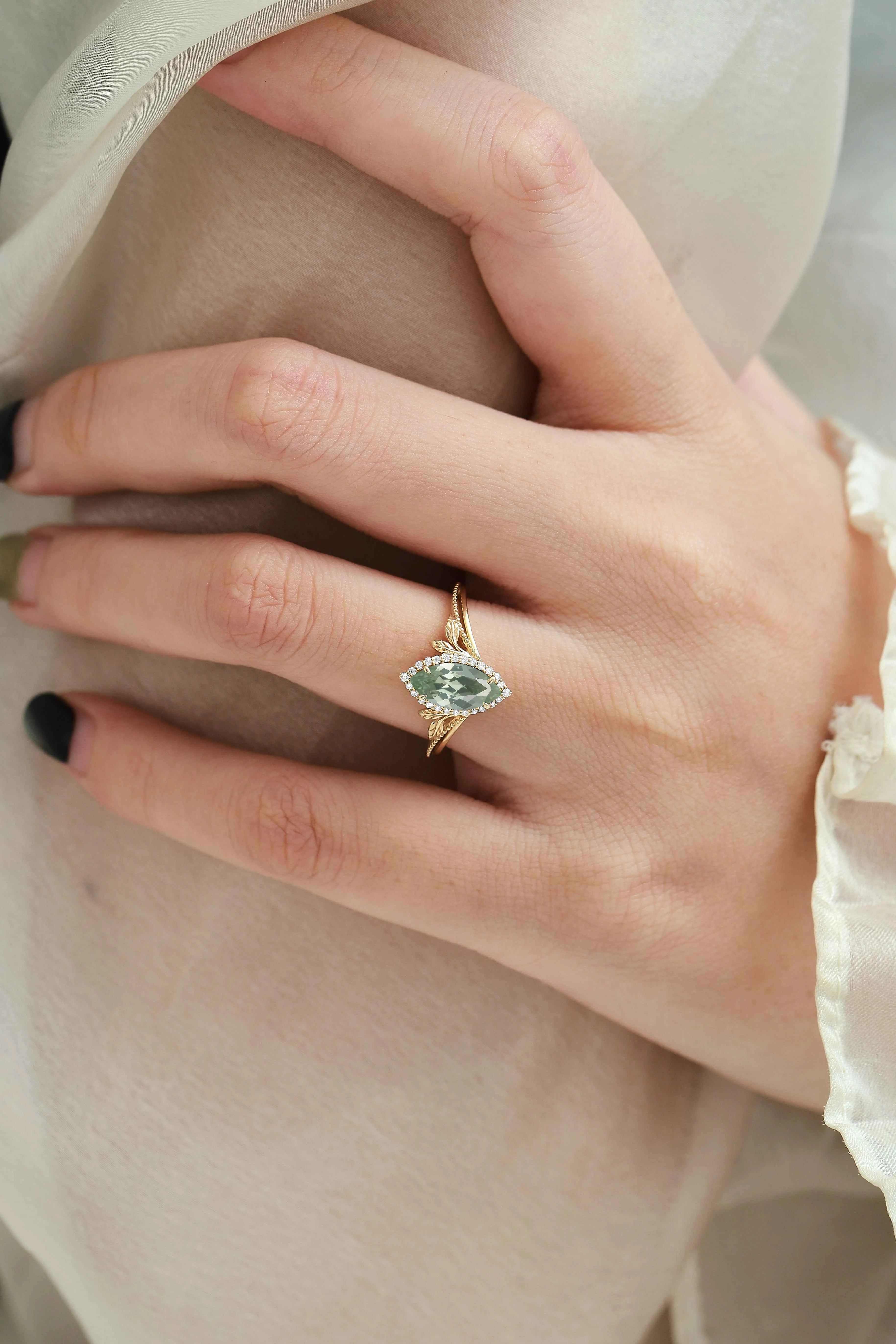 Nature-Inspired Marquise Green Sapphire Engagement Ring with Milgrain Halo