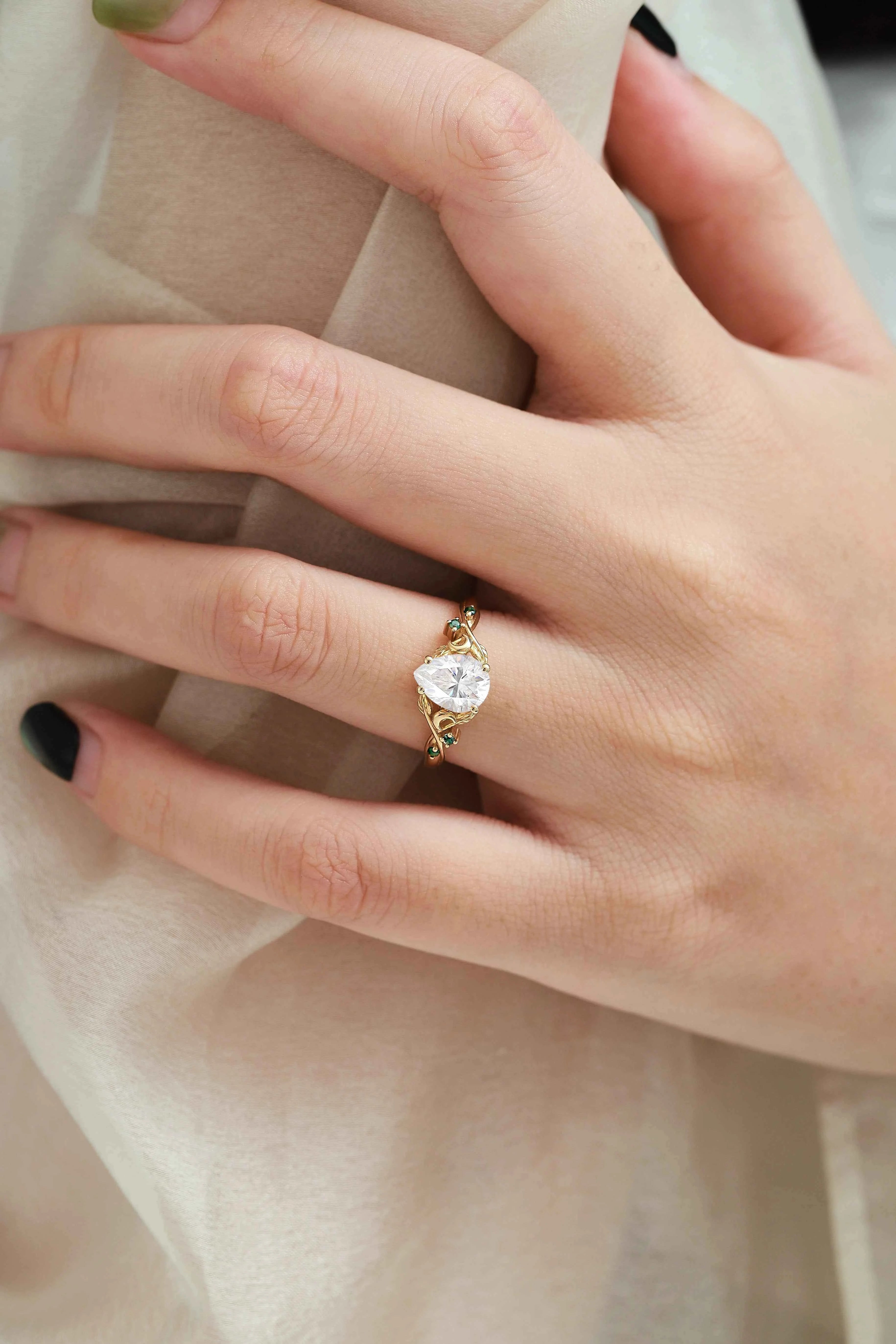 Nature Inspired Leaf and Moon Pear Cut Moonstone Engagement Ring - Eira