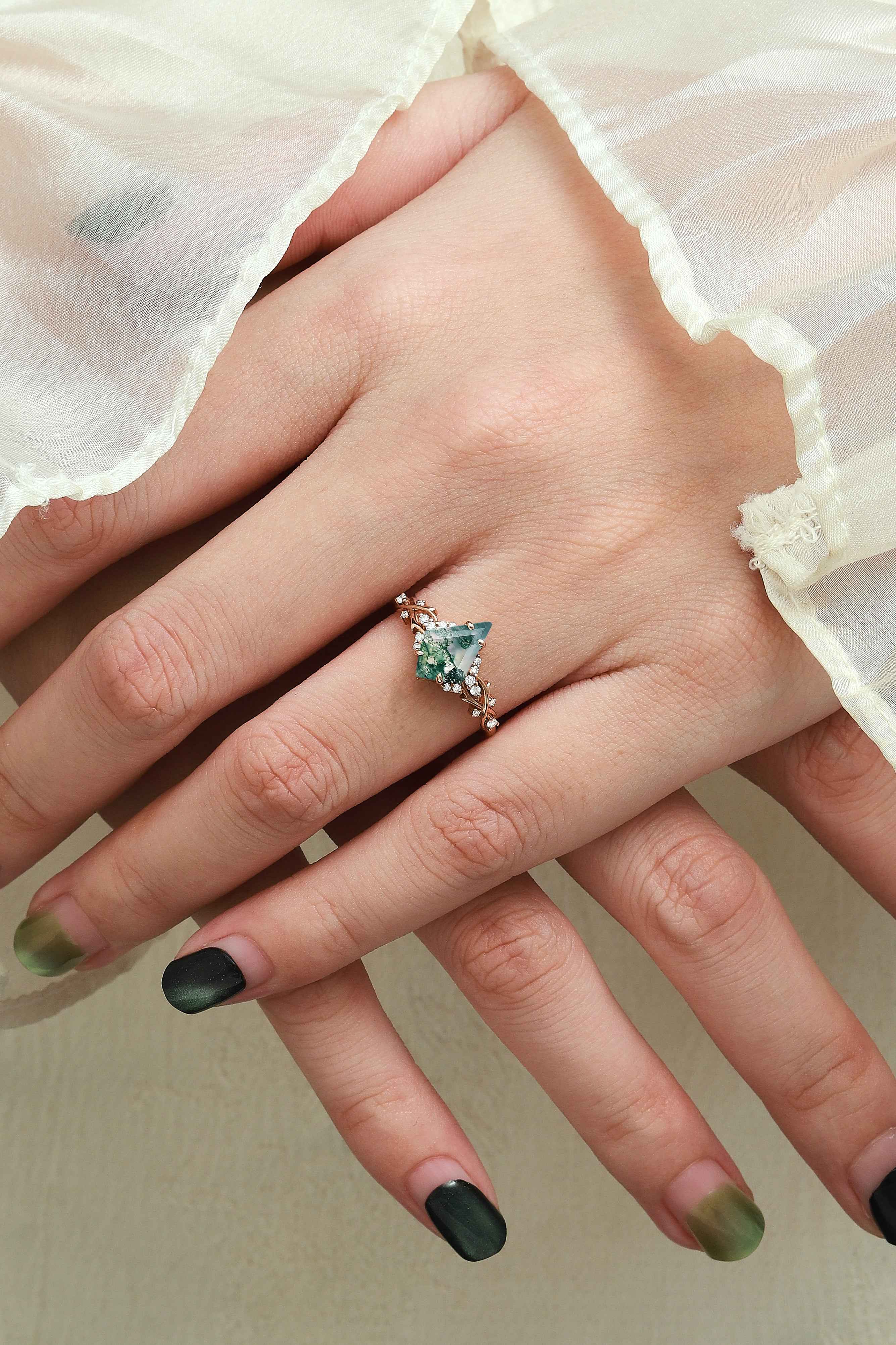 Nature Inspired Thorn Design Kite Cut Moss Agate Engagement Ring - Briar