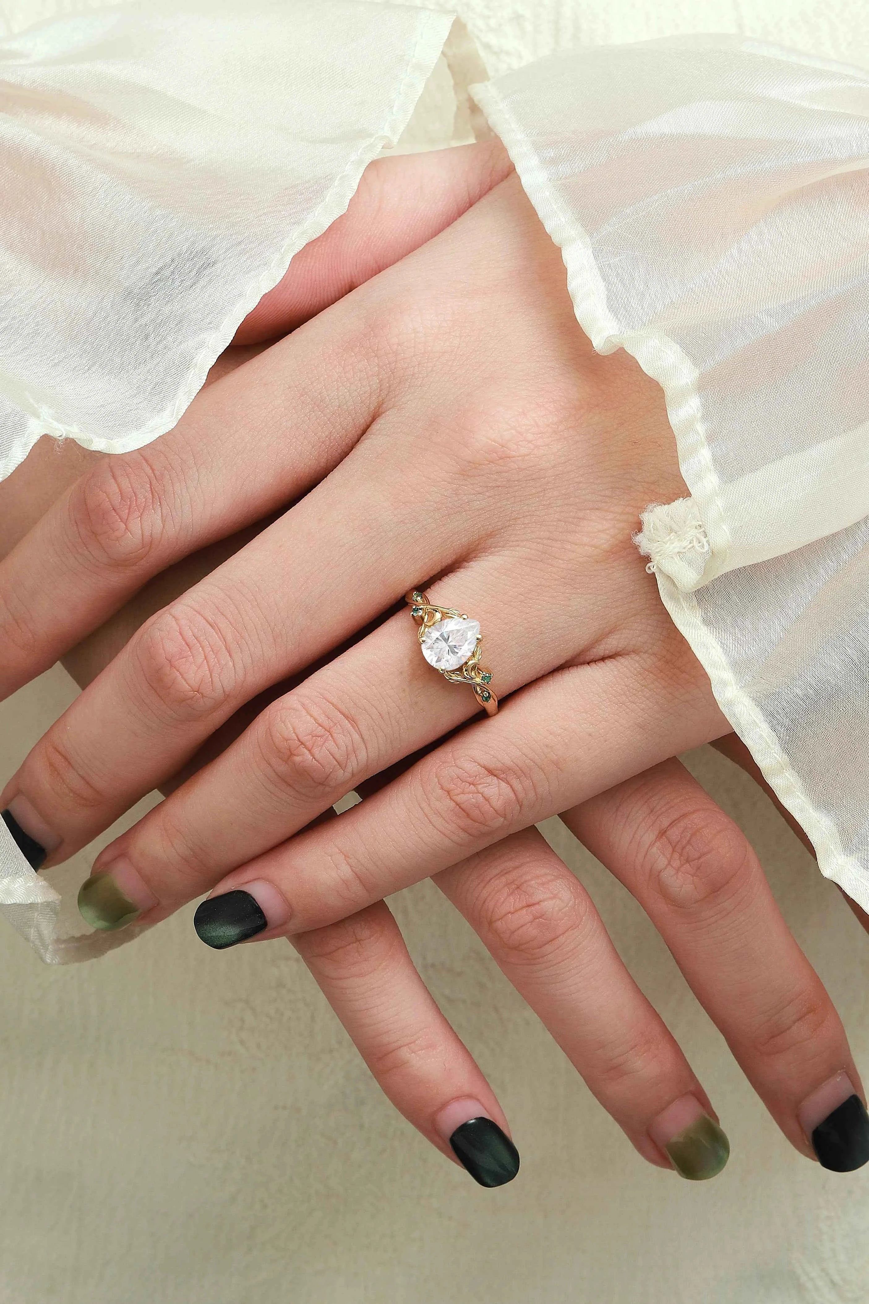 Nature Inspired Leaf and Moon Pear Cut Moonstone Engagement Ring - Eira