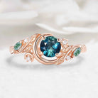 Nature-inspired Moon & Leaf  Round Cut Teal Sapphire Engagement Ring - Veralune