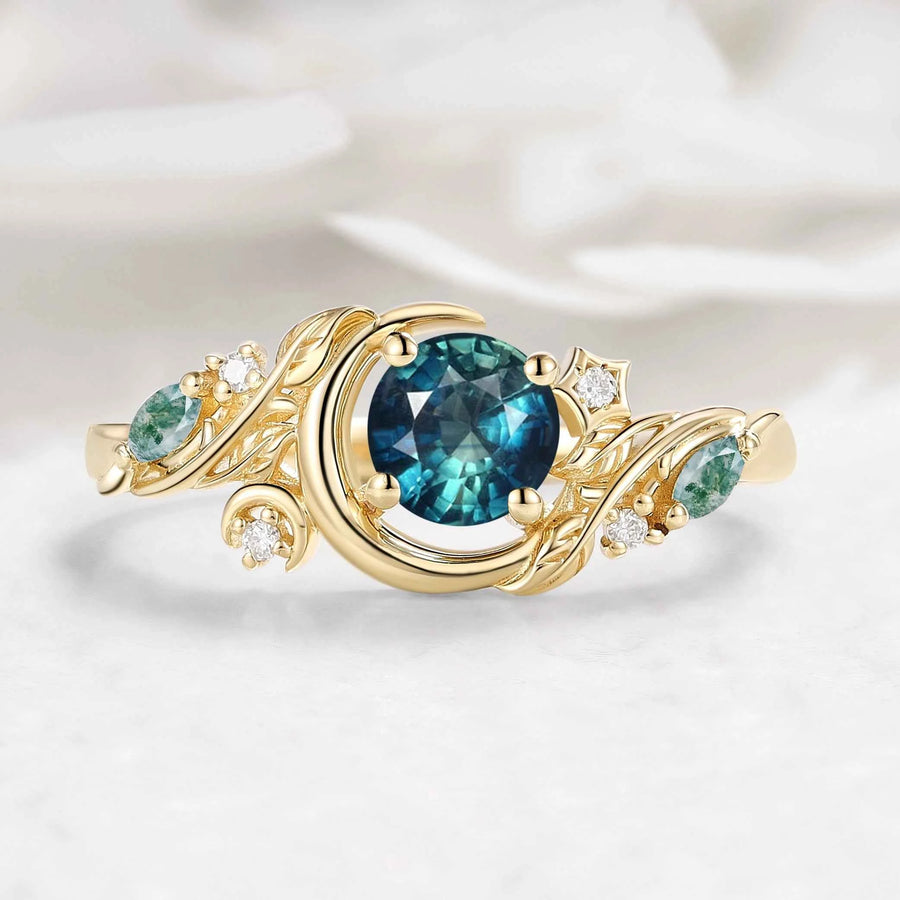 Nature-inspired Moon & Leaf  Round Cut Teal Sapphire Engagement Ring - Veralune
