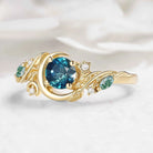 Nature-inspired Moon & Leaf  Round Cut Teal Sapphire Engagement Ring - Veralune