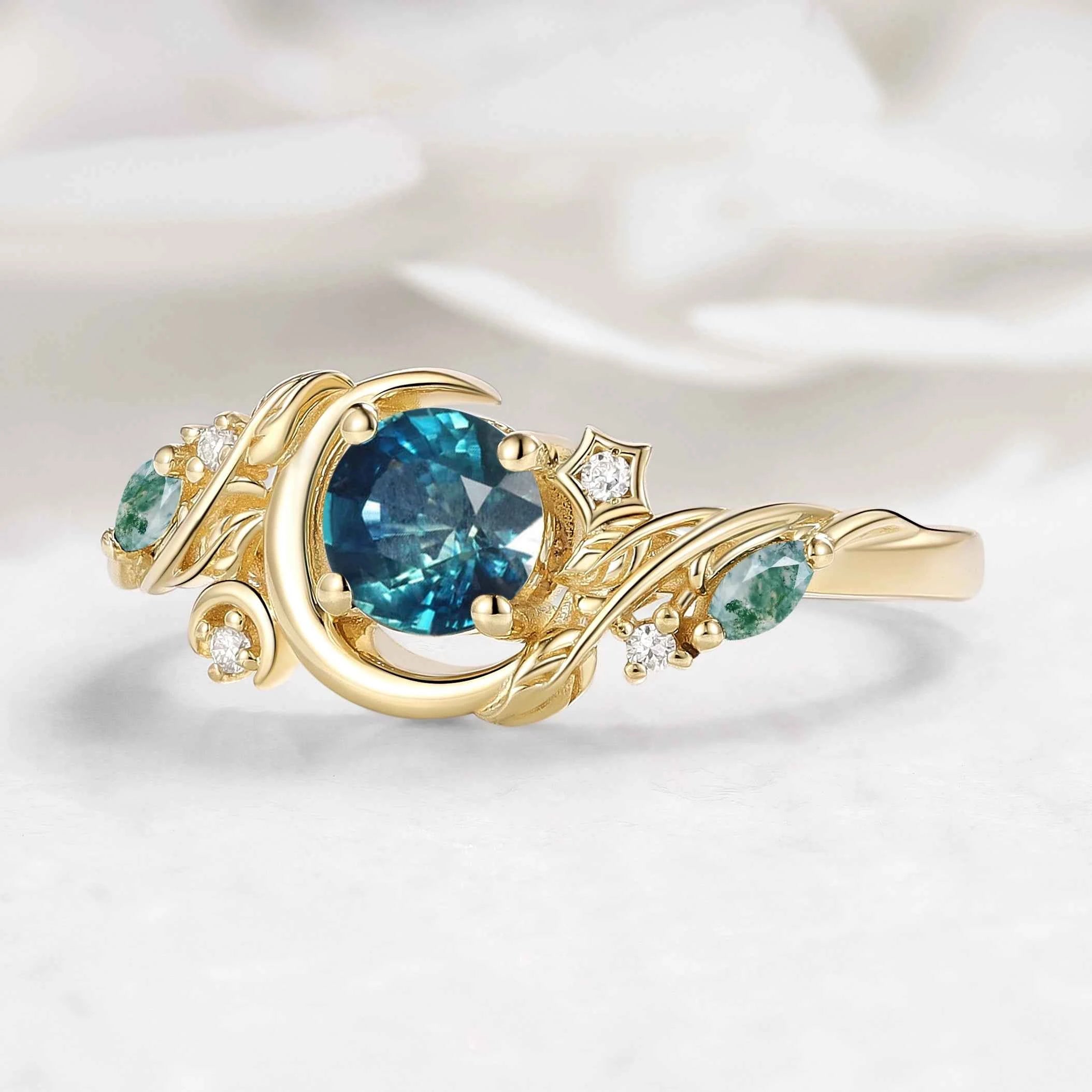 Nature-inspired Moon & Leaf  Round Cut Teal Sapphire Engagement Ring - Veralune