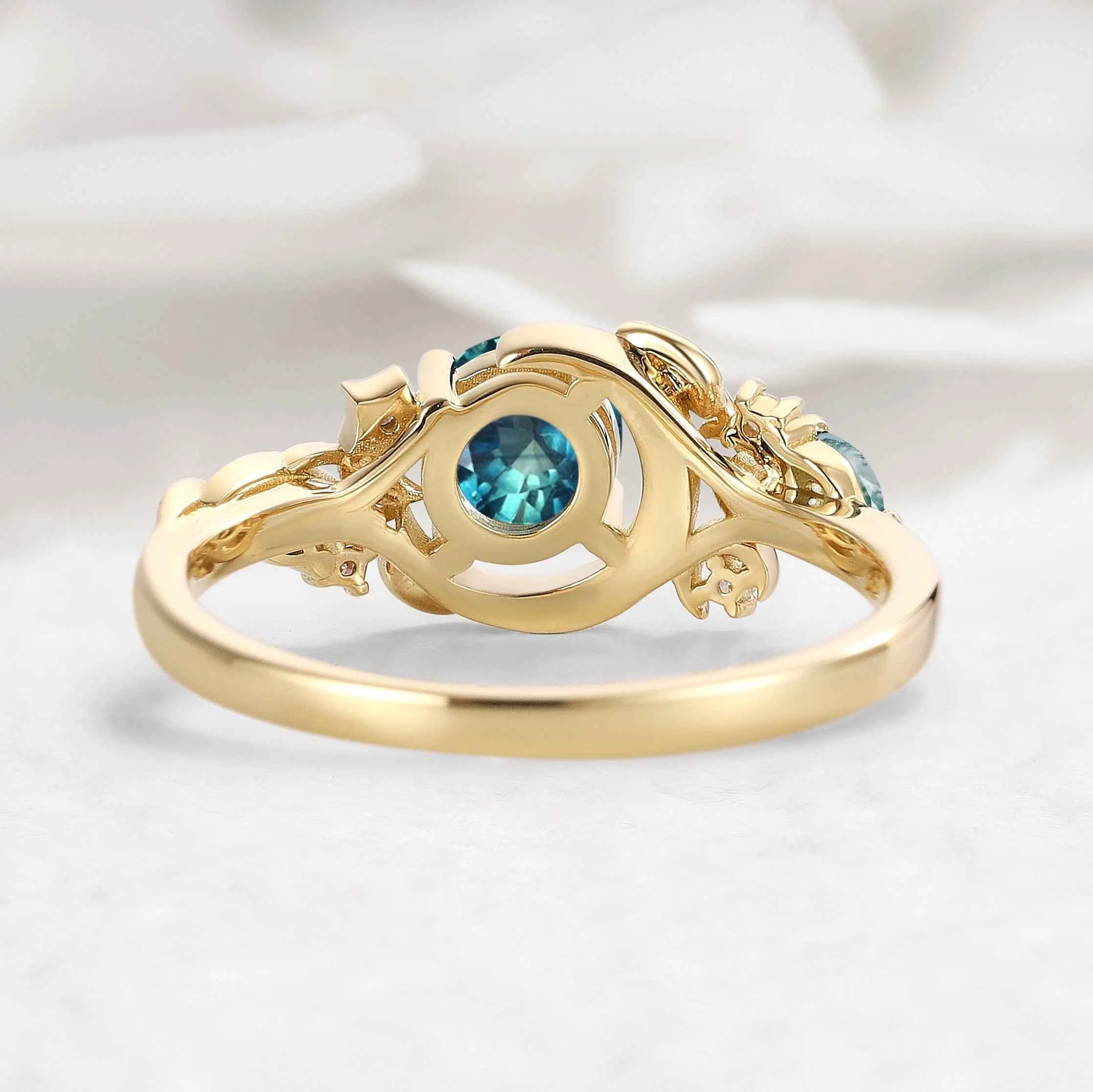 Nature-inspired Moon & Leaf  Round Cut Teal Sapphire Engagement Ring - Veralune
