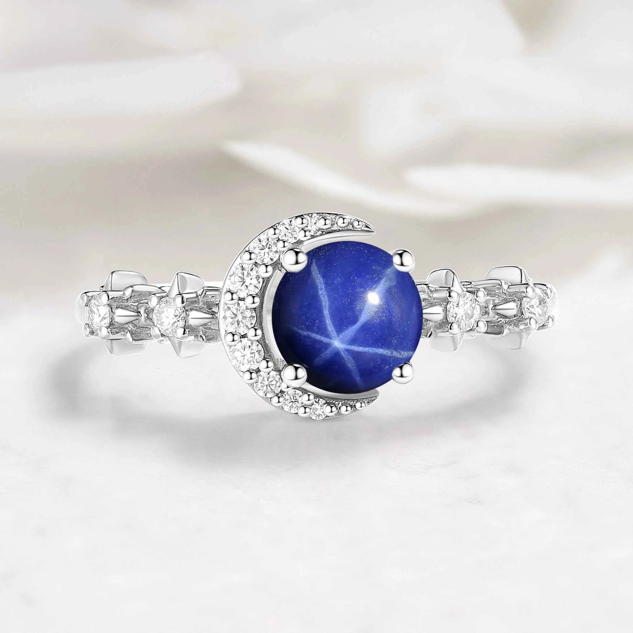 Star & Moon Inspired Custom Round Cut Star Sapphire Engagement Ring - Aurora