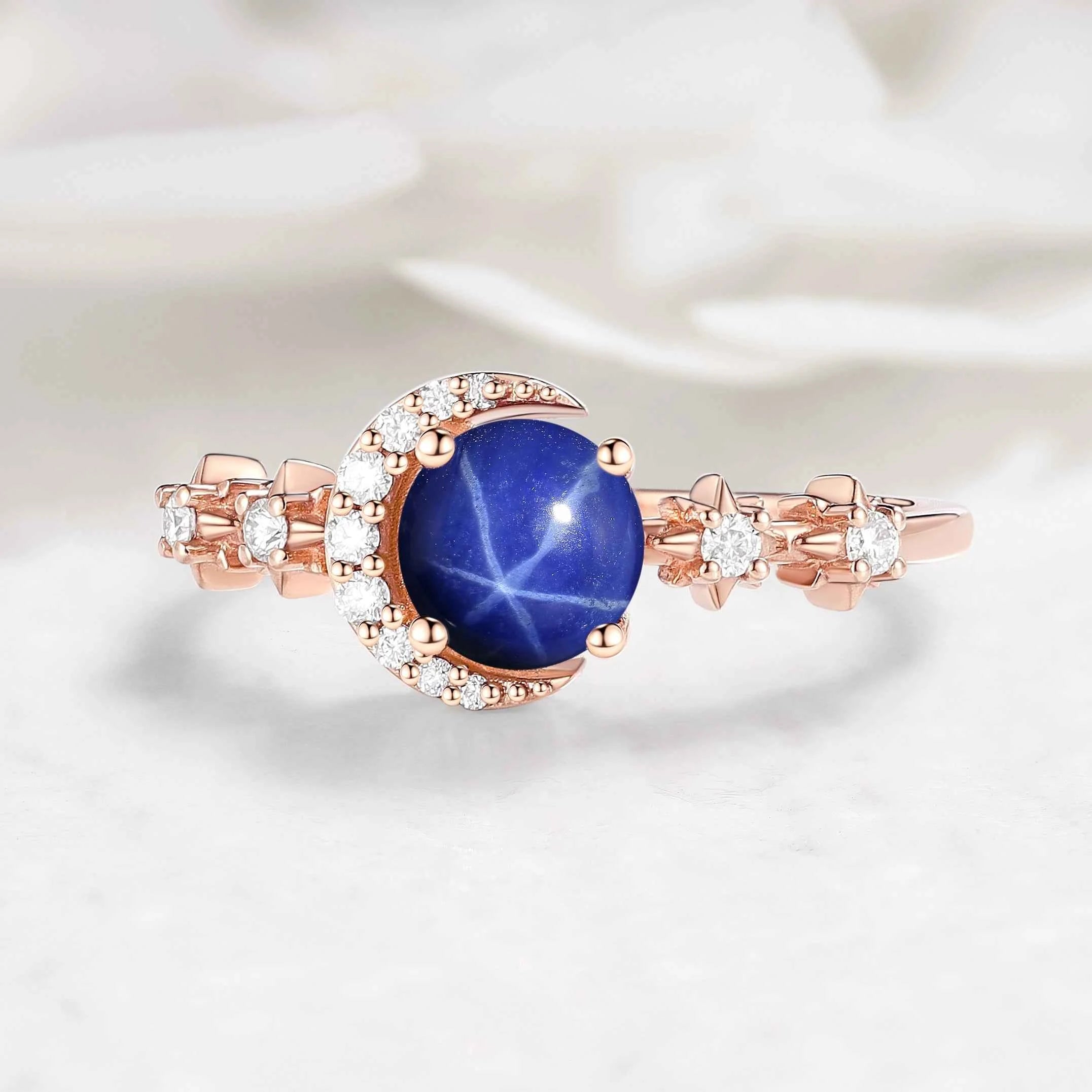 Star & Moon Inspired Custom Round Cut Star Sapphire Engagement Ring - Aurora