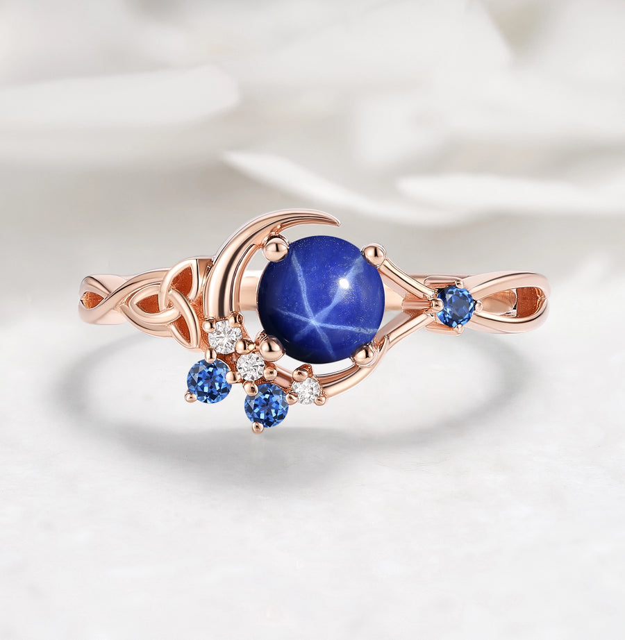 Celtic Knot Design Star Sapphire Moon Ring Engagement Ring