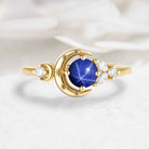 Star & Moon Inspired Engraved Star Sapphire Round Cut Engagement Ring - Celeste