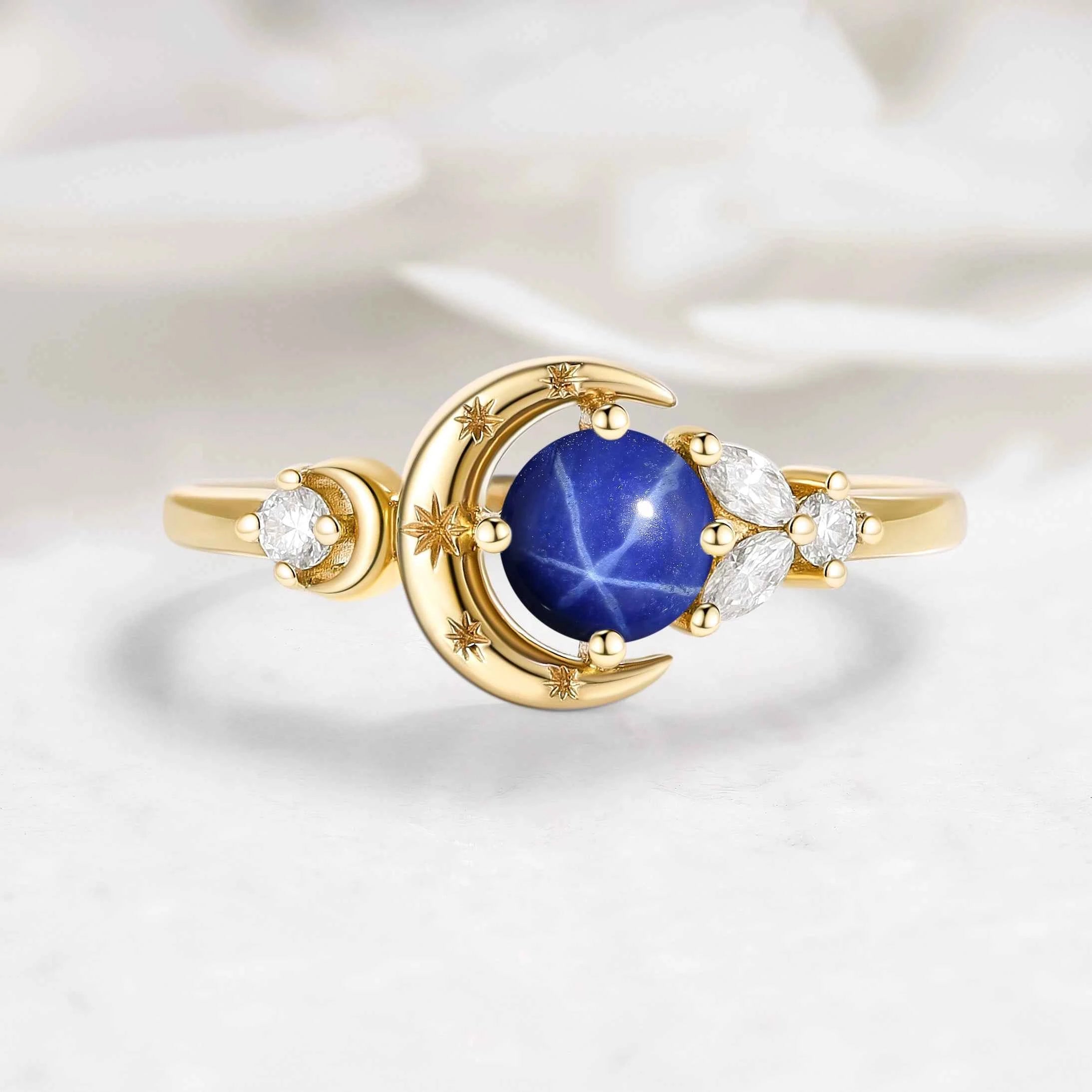 Star & Moon Inspired Engraved Star Sapphire Round Cut Engagement Ring - Celeste