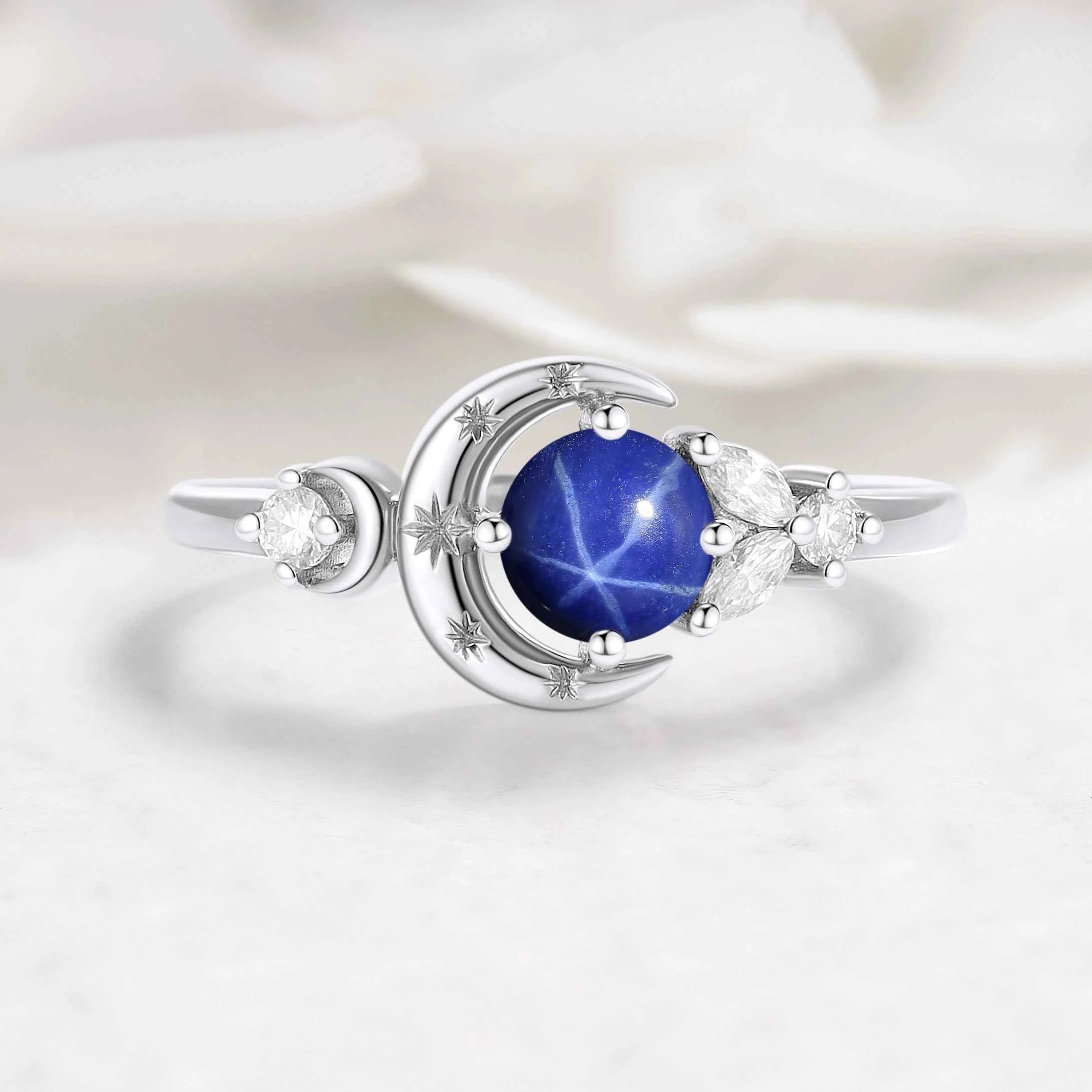 Star & Moon Inspired Engraved Star Sapphire Round Cut Engagement Ring - Celeste