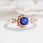 Star & Moon Inspired Engraved Star Sapphire Round Cut Engagement Ring - Celeste